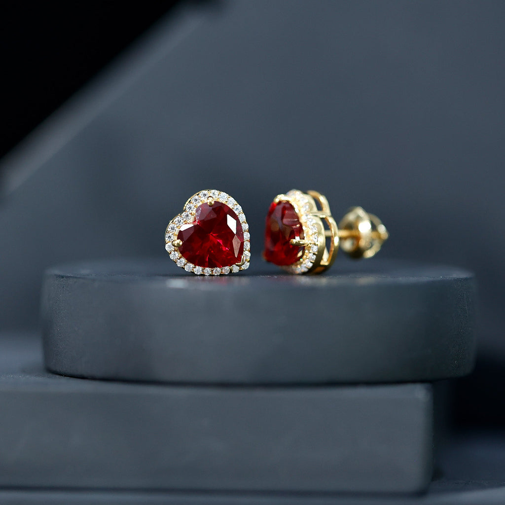 Heart Shape Lab Grown Ruby Stud Earrings For Her
