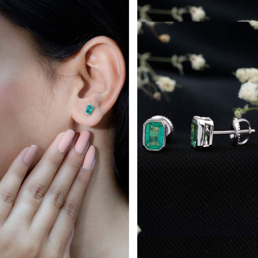 Natural Emerald Cut 4X6 MM Emerald Stud Earrings