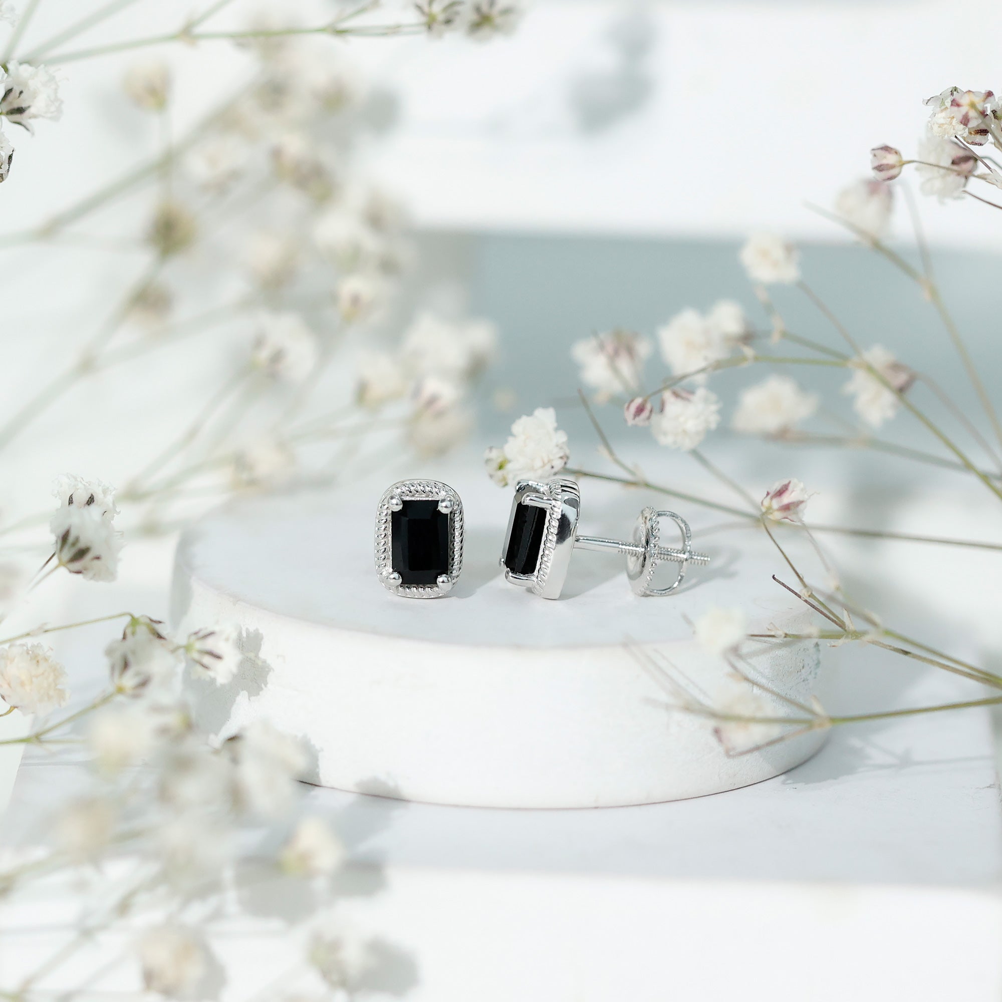 Genuine Black Onyx Emerald Cut Stud Earring with Twisted Rose Frame