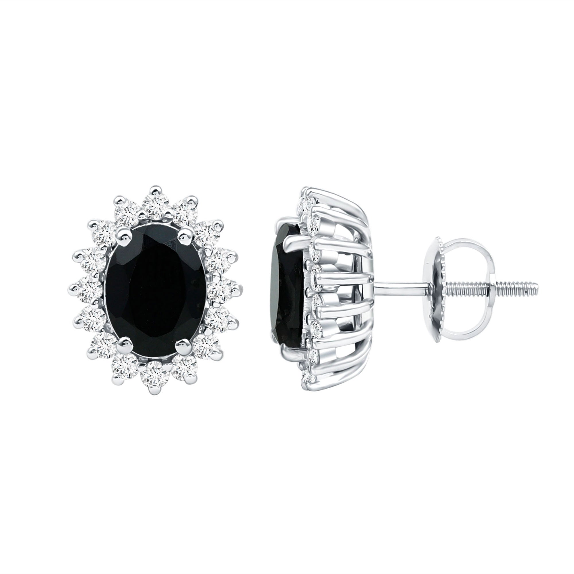 2 Carat Oval Cut Black Onyx Stud Earrings with Moissanite Halo