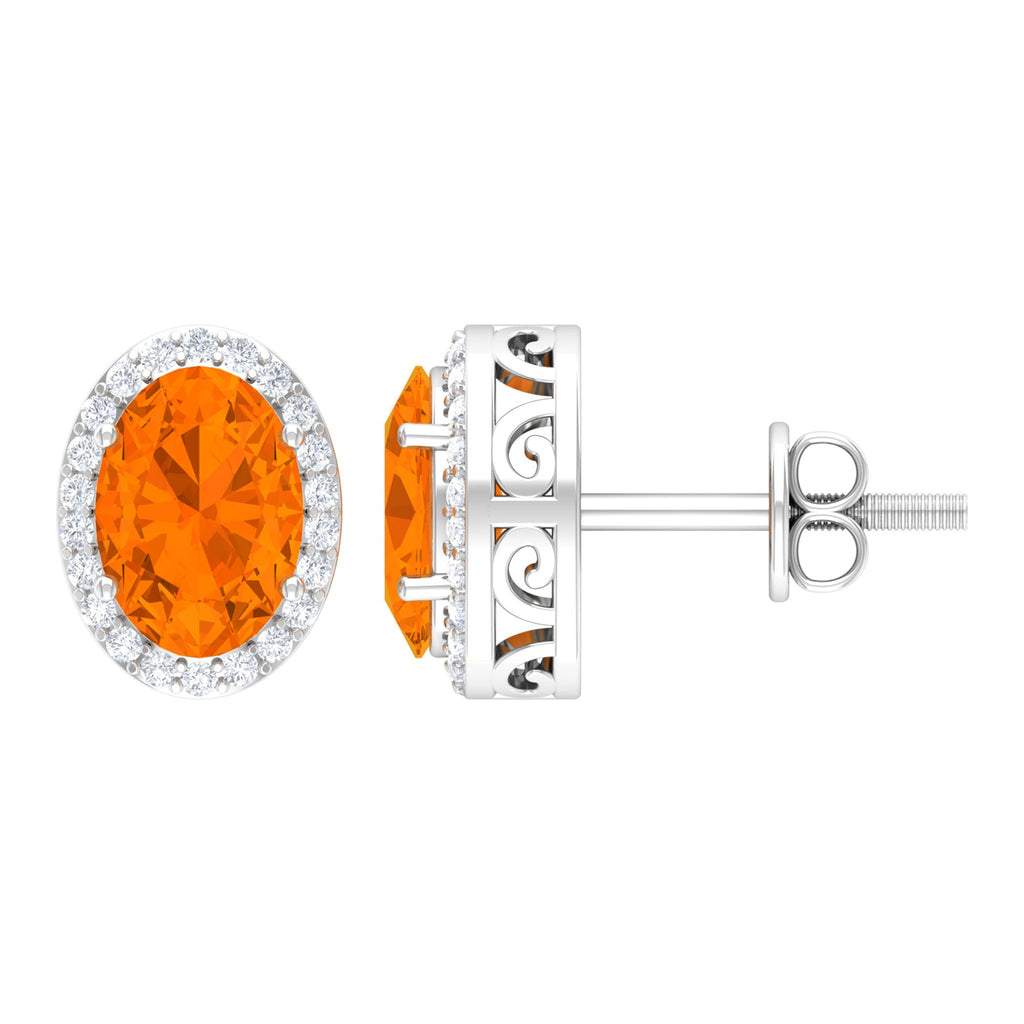 1.3 Carat Oval Cut Fire Opal and Diamond Halo Stud Earrings