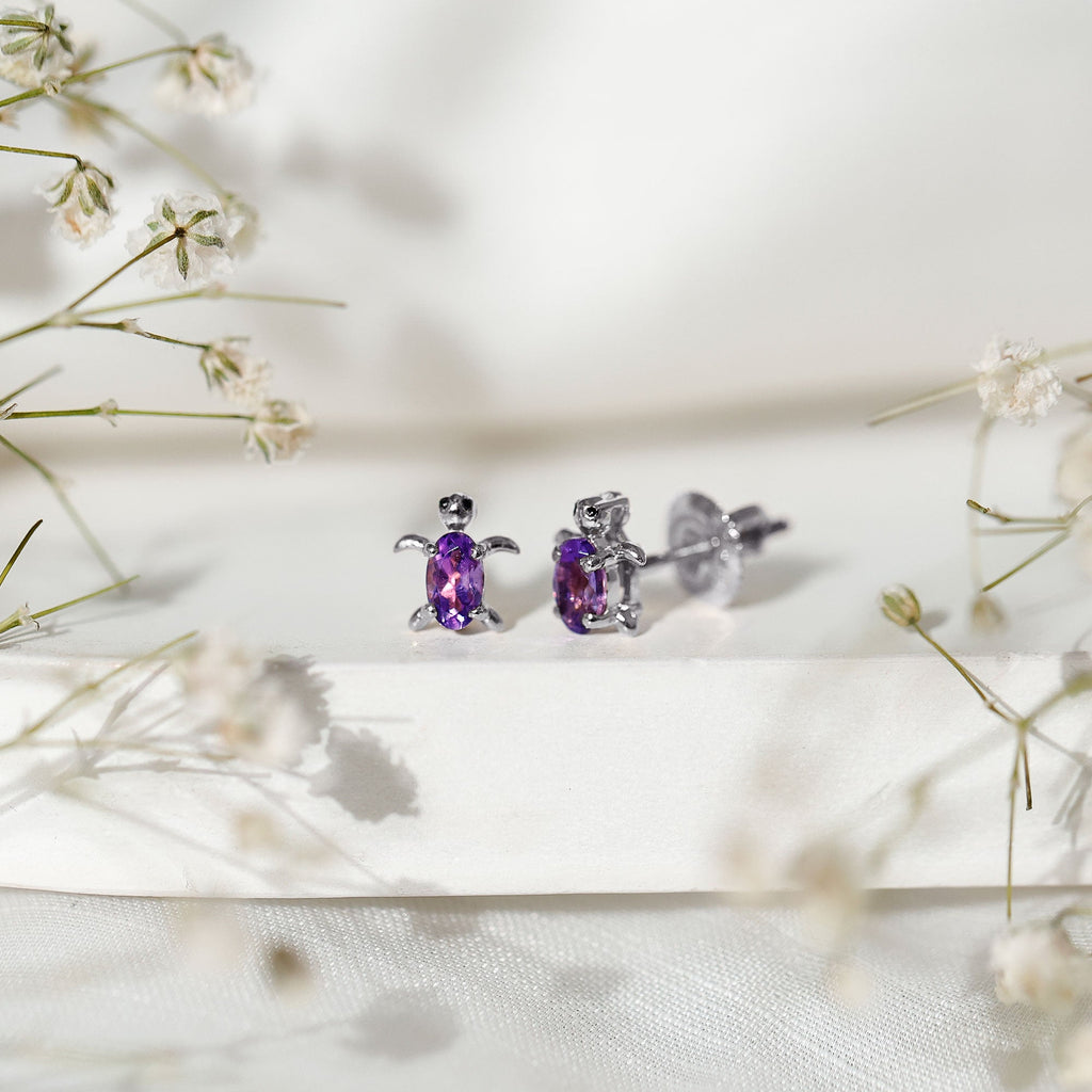 Natural Oval Amethyst Turtle Stud Earrings for Women