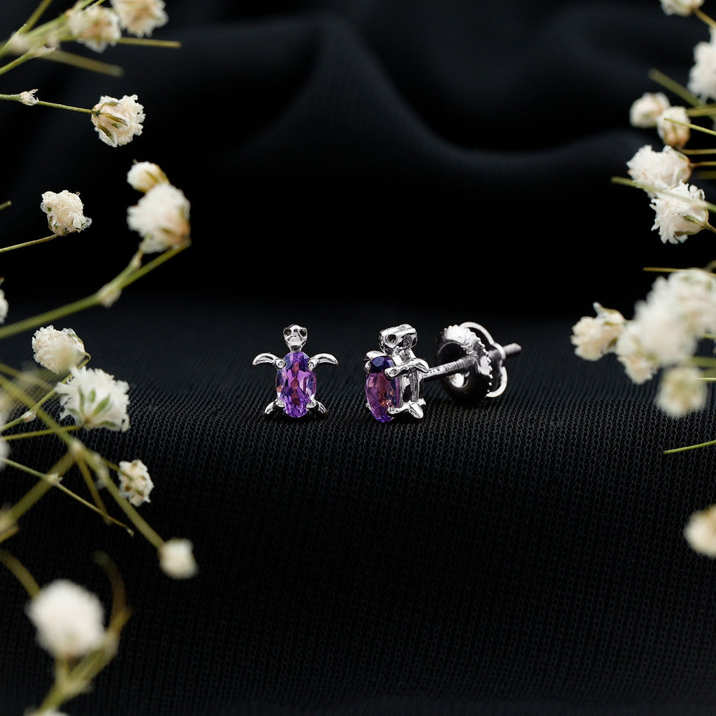 Natural Oval Amethyst Turtle Stud Earrings for Women