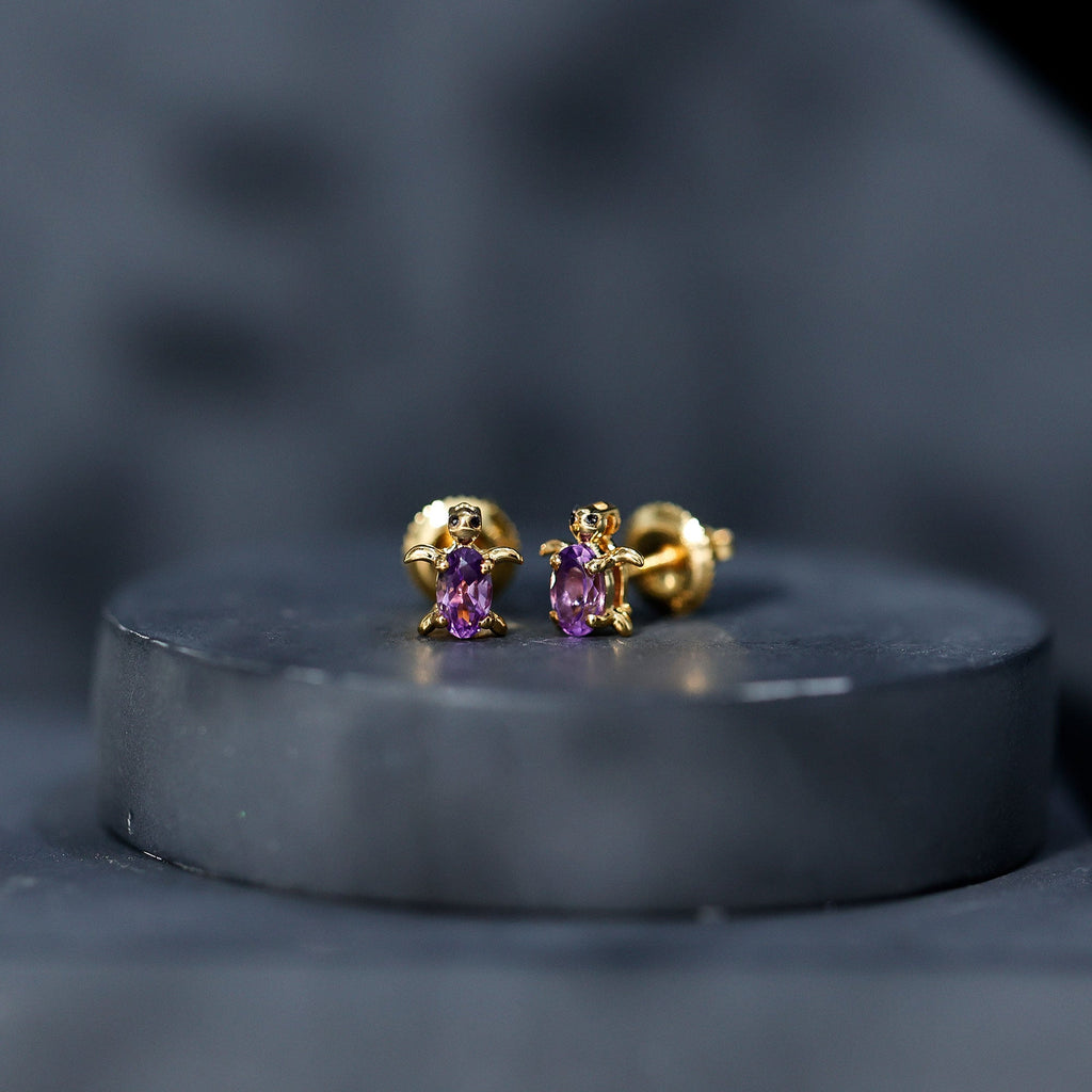 Natural Oval Amethyst Turtle Stud Earrings for Women