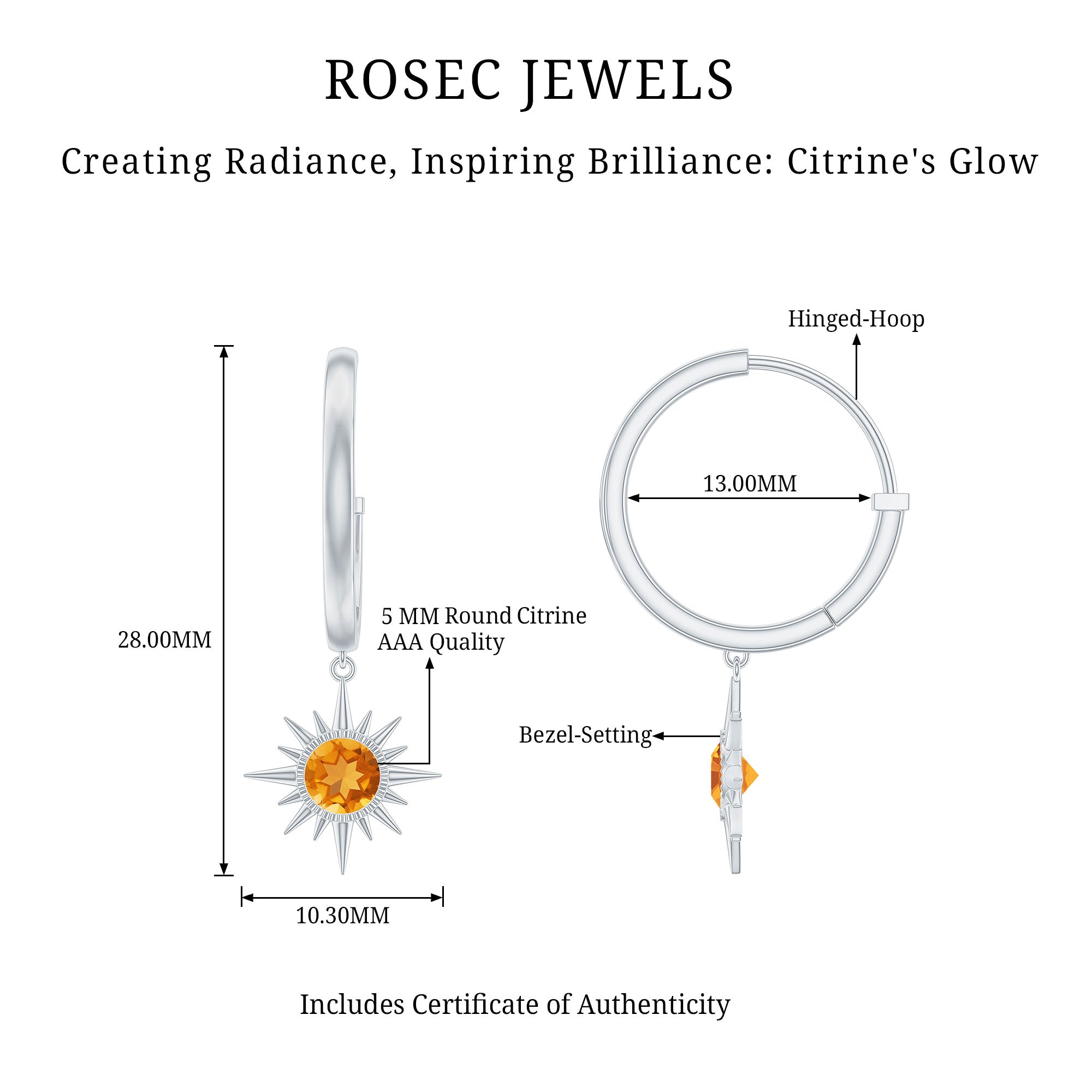 Natural Citrine Sunburst Drop Hoop Earrings