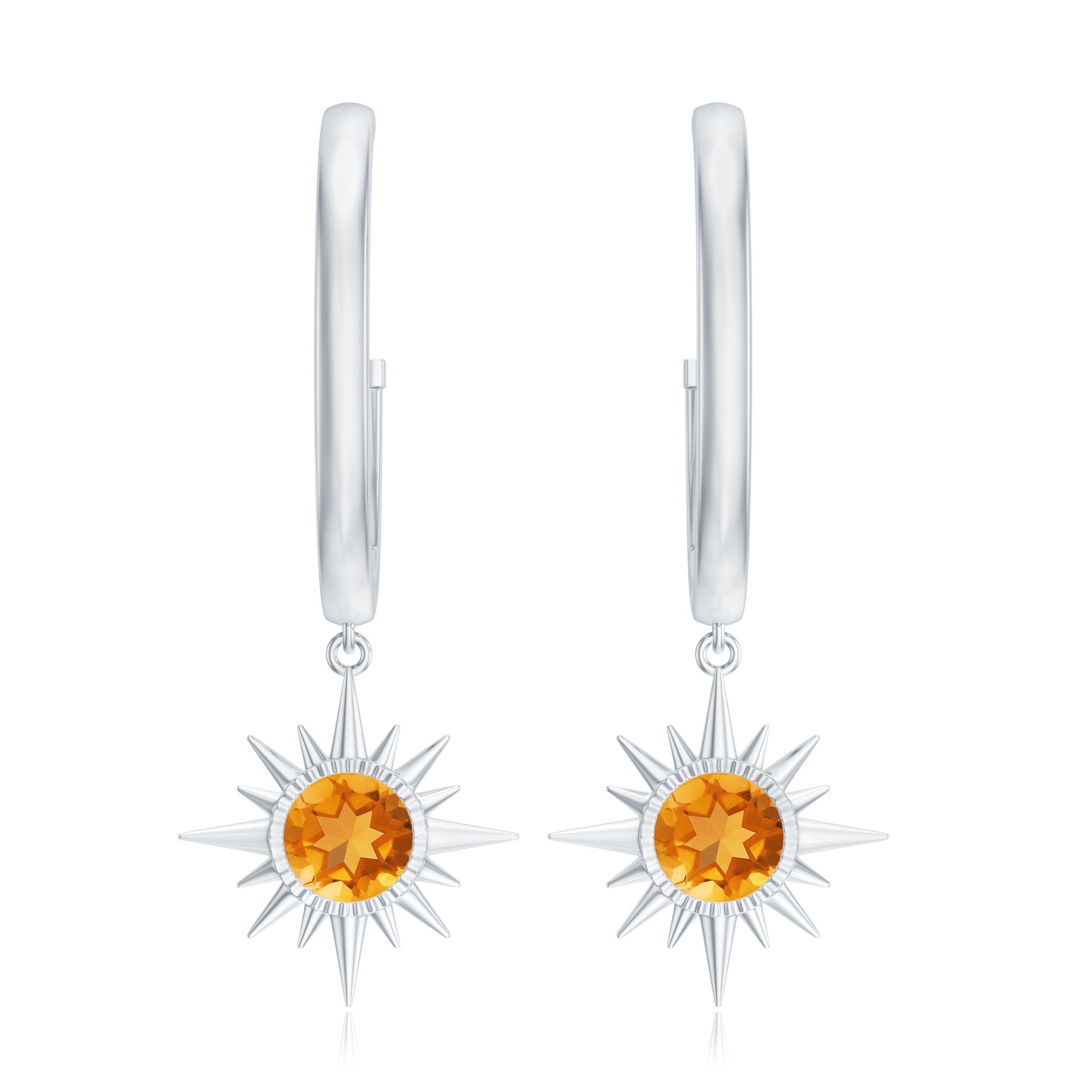 Natural Citrine Sunburst Drop Hoop Earrings