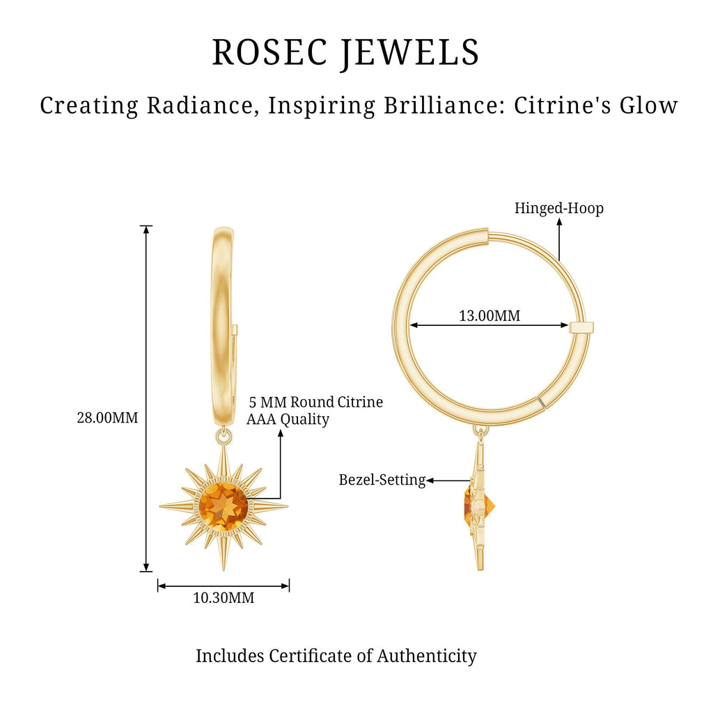 Natural Citrine Sunburst Drop Hoop Earrings