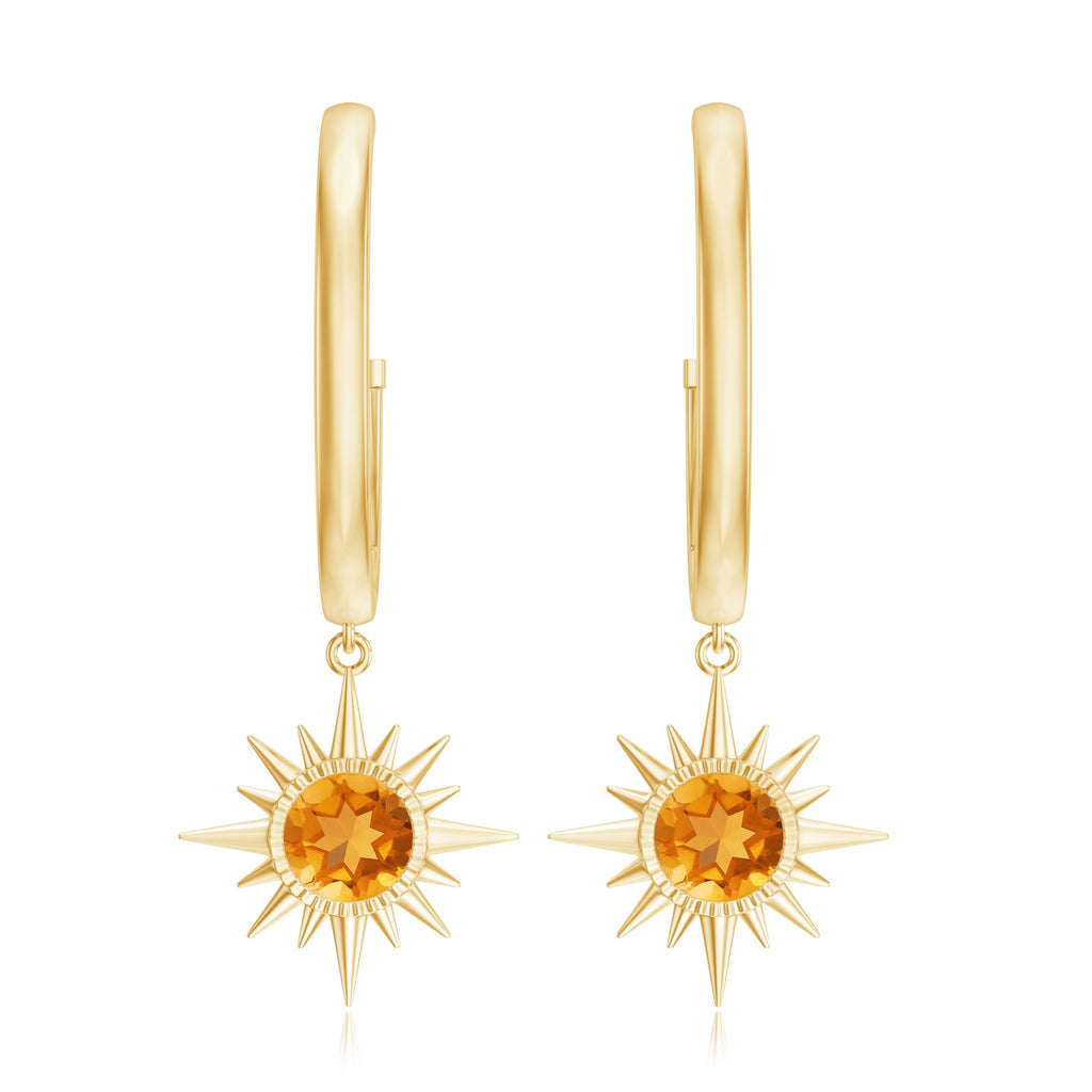 Natural Citrine Sunburst Drop Hoop Earrings