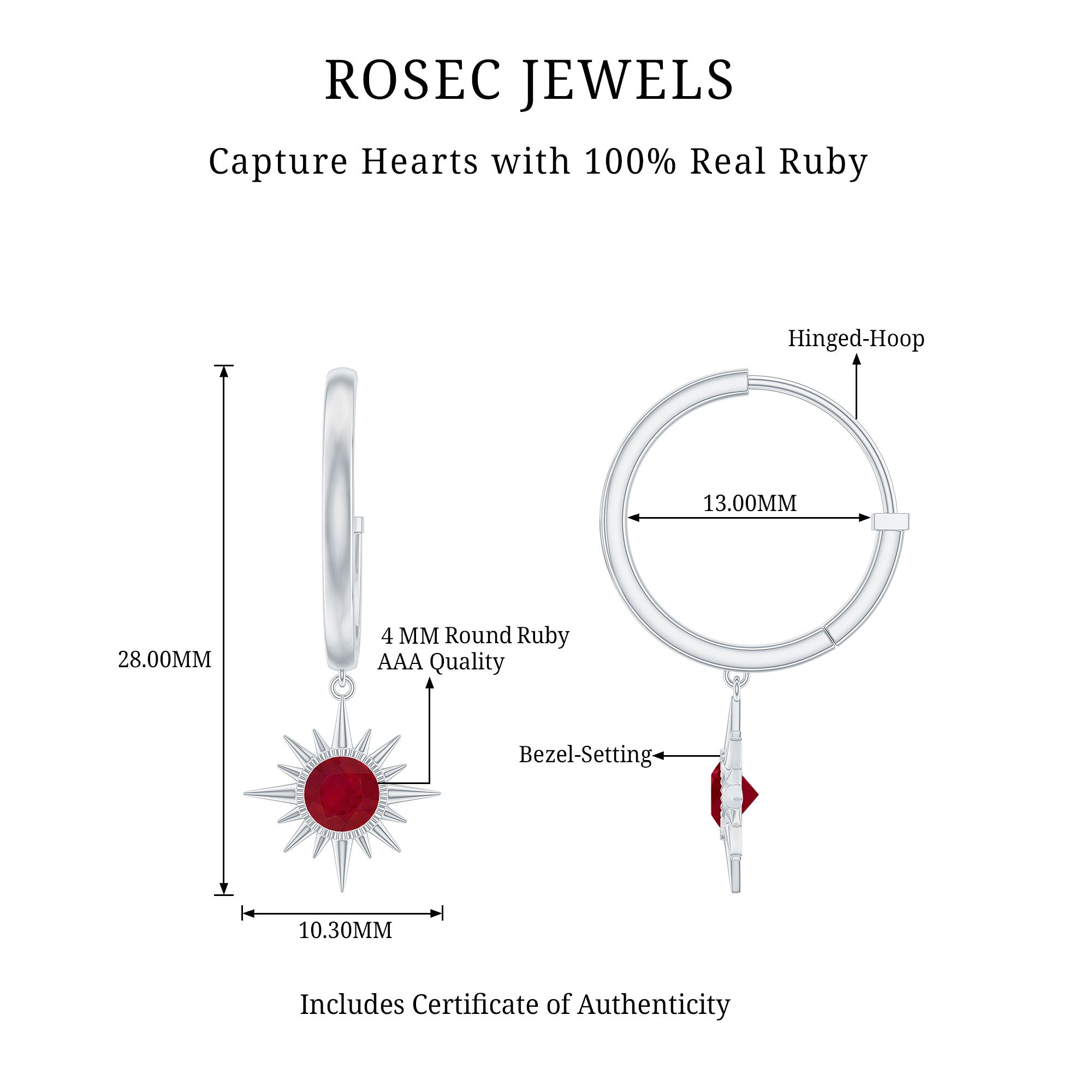 Natural 0.5 Carat Ruby Sunburst Drop Hoop Earrings for Women