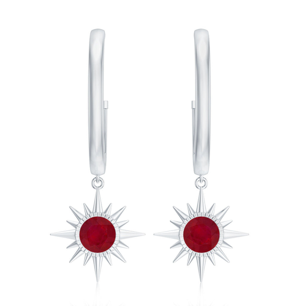 Natural 0.5 Carat Ruby Sunburst Drop Hoop Earrings for Women