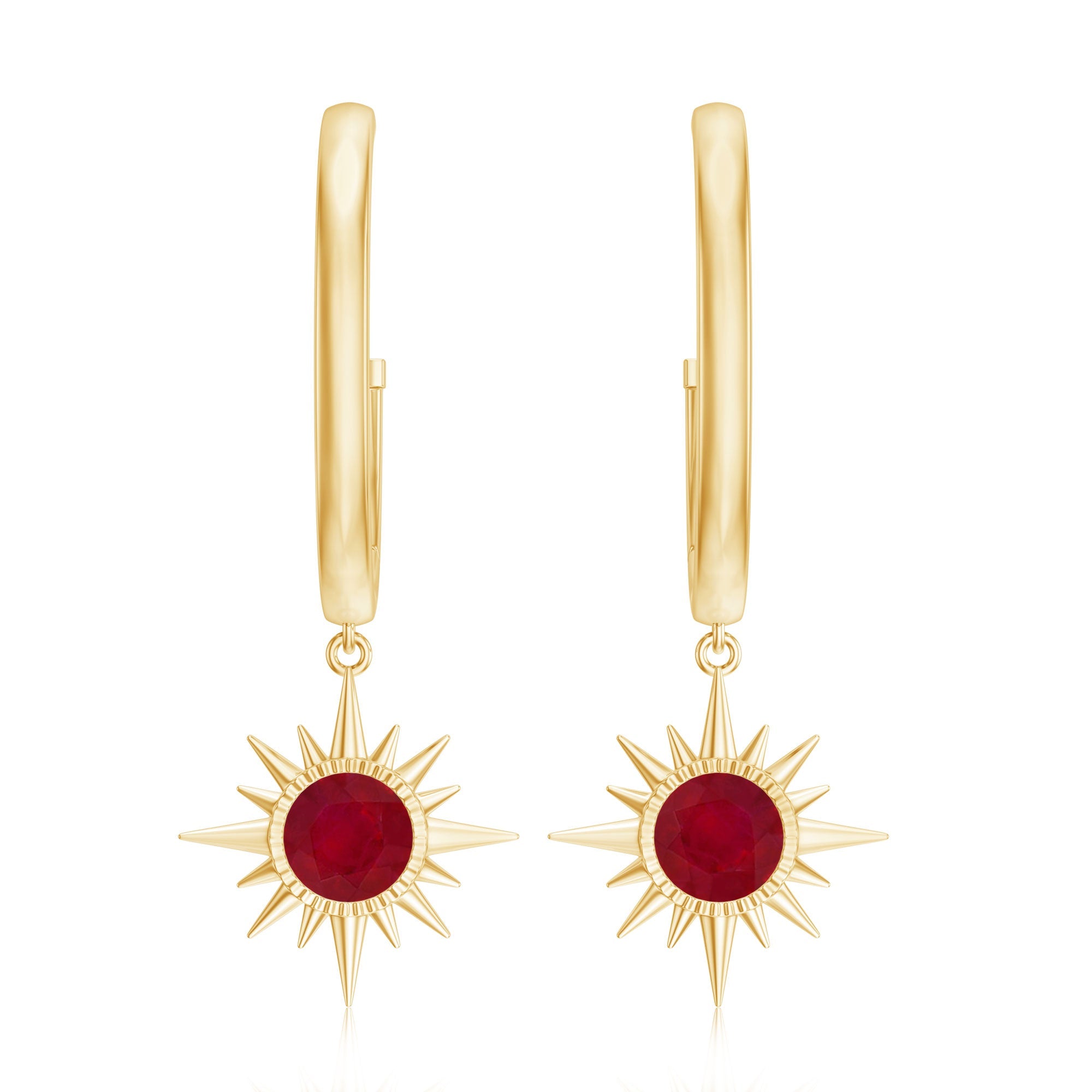 Natural 0.5 Carat Ruby Sunburst Drop Hoop Earrings for Women