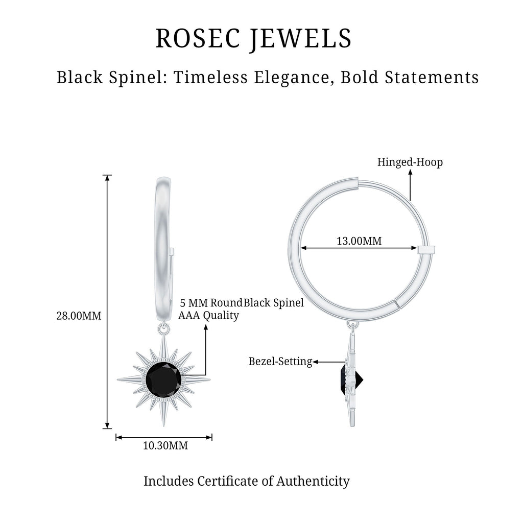Natural Black Spinel Sunburst Drop Hoop Earrings
