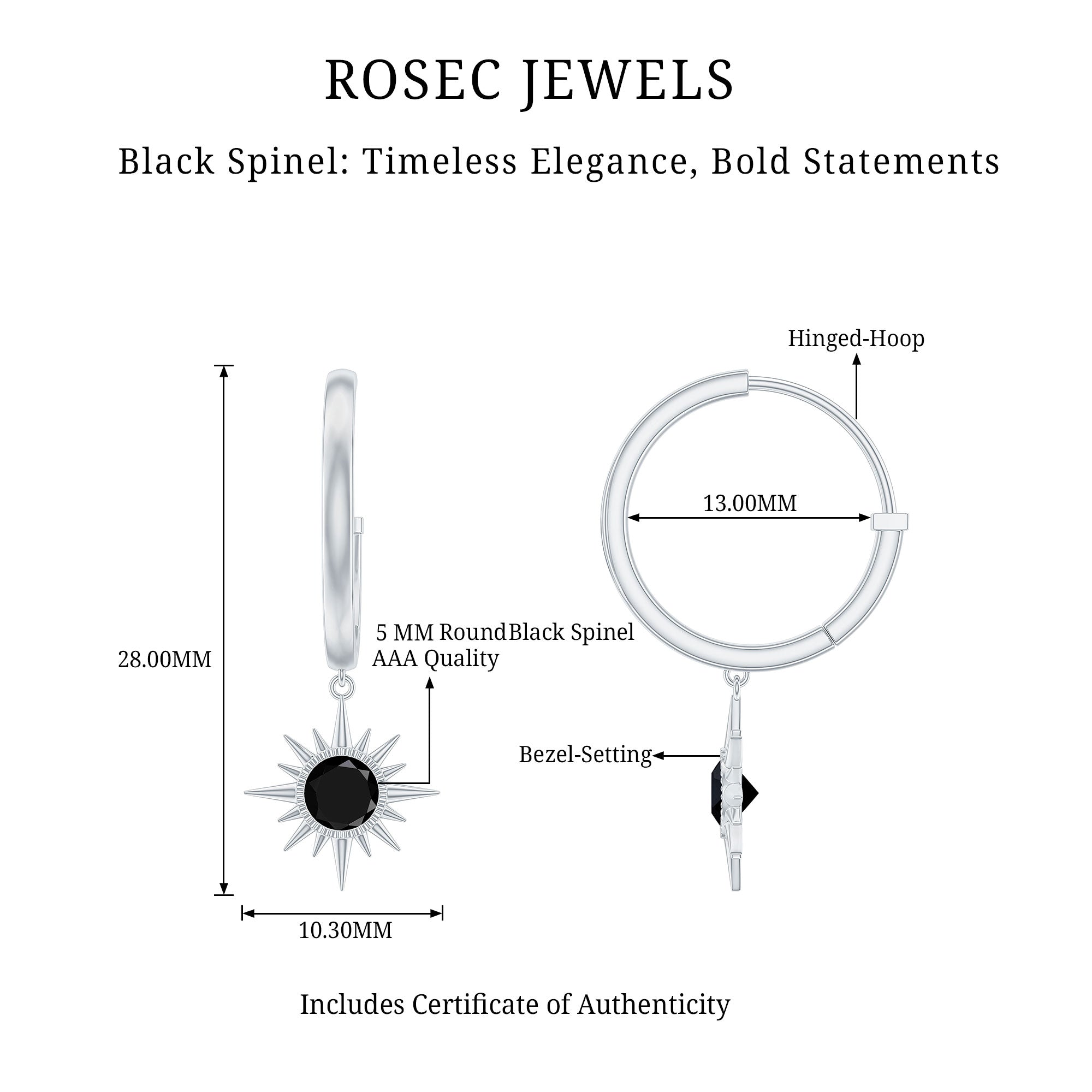 Natural Black Spinel Sunburst Drop Hoop Earrings