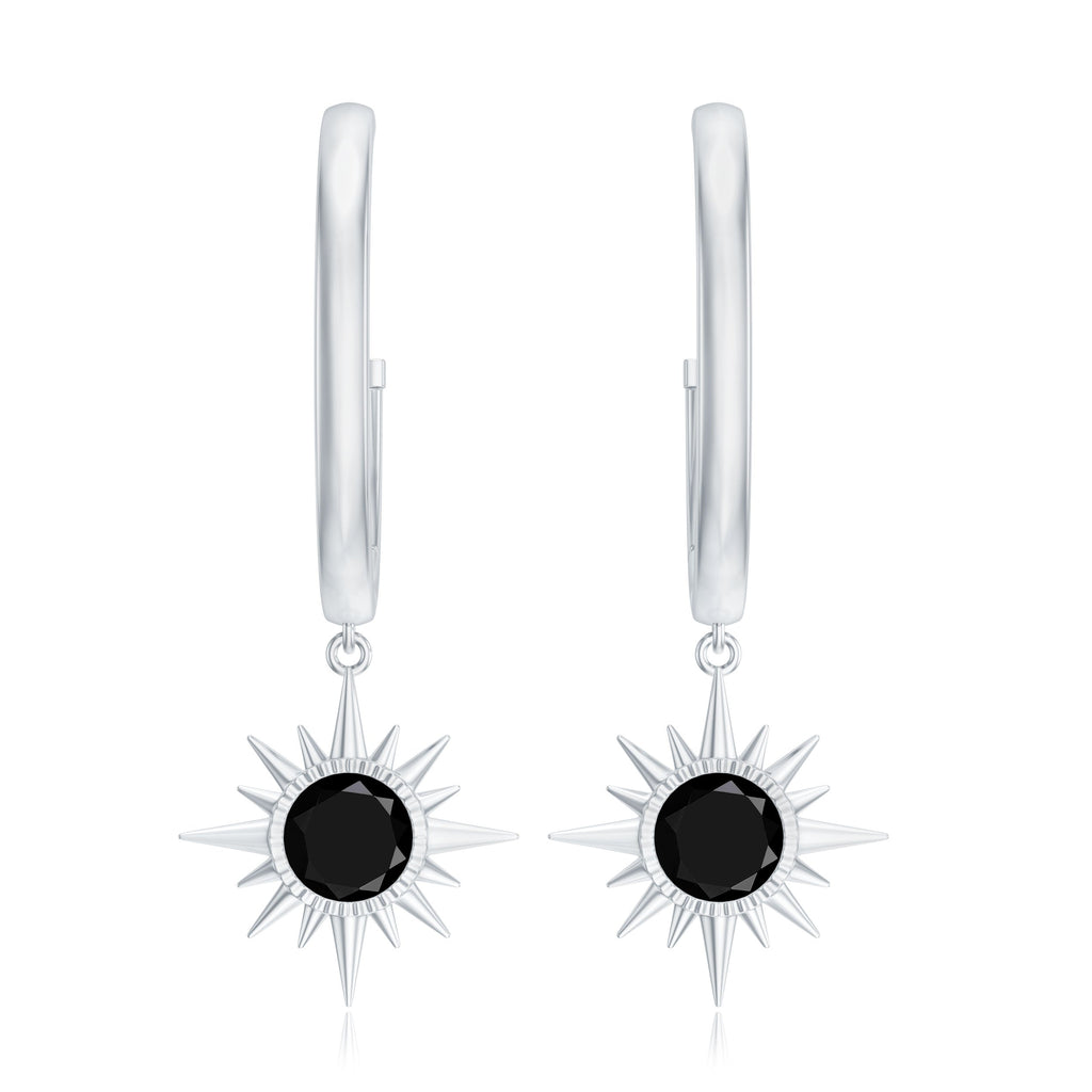 Natural Black Spinel Sunburst Drop Hoop Earrings