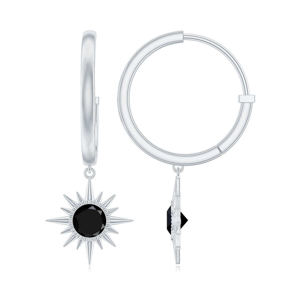 Natural Black Spinel Sunburst Drop Hoop Earrings