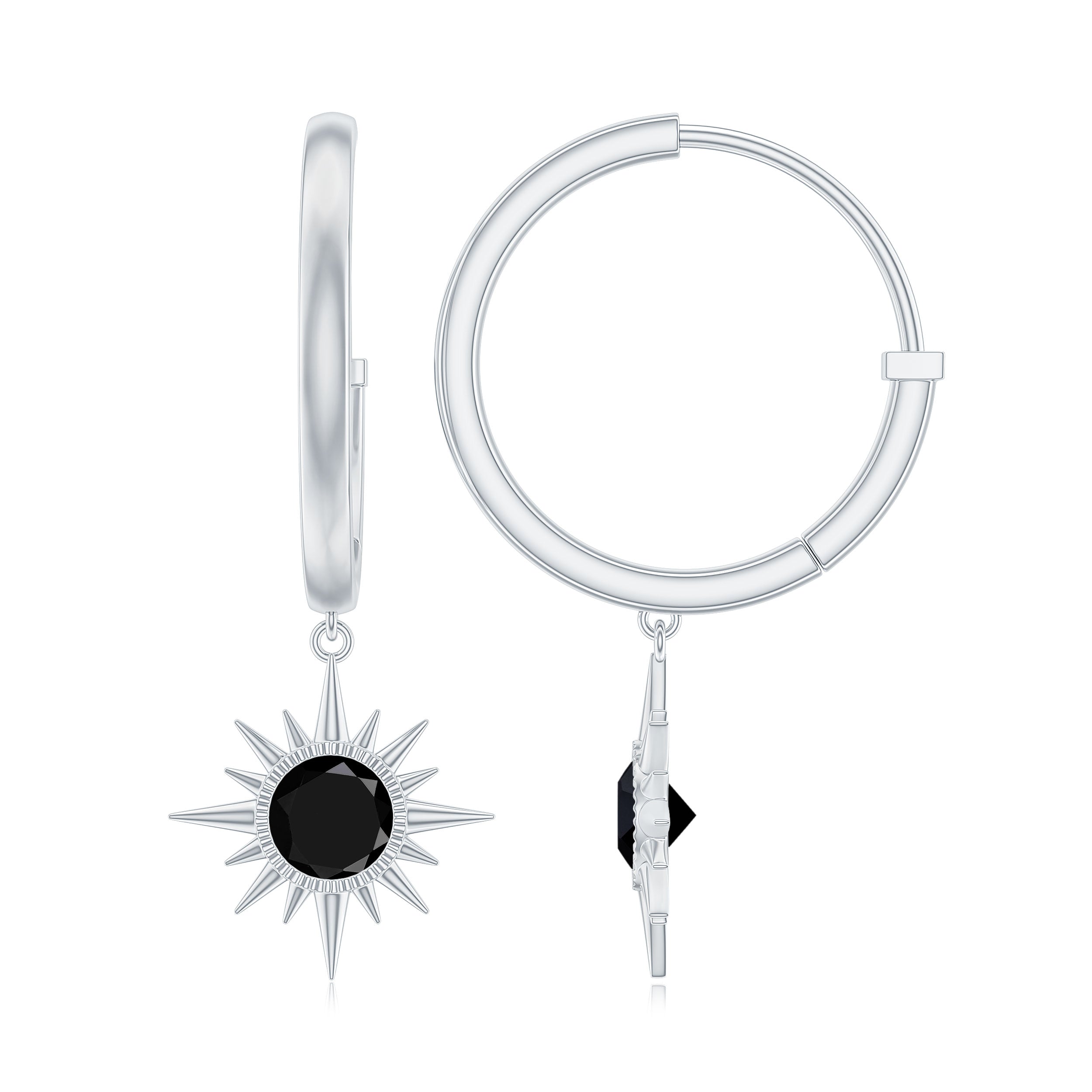 Natural Black Spinel Sunburst Drop Hoop Earrings