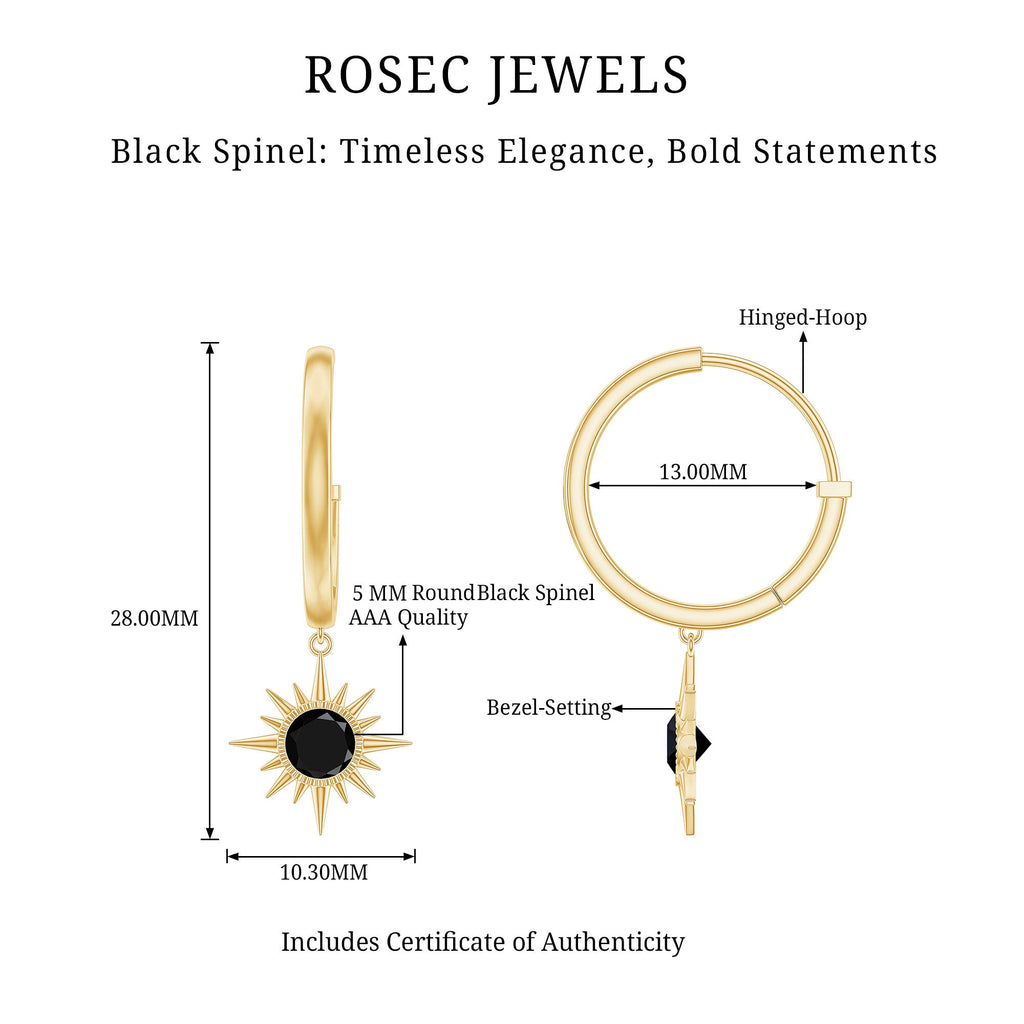 Natural Black Spinel Sunburst Drop Hoop Earrings