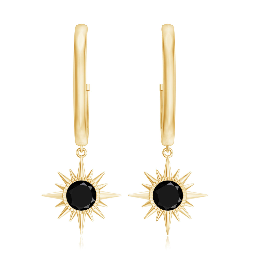 Natural Black Spinel Sunburst Drop Hoop Earrings