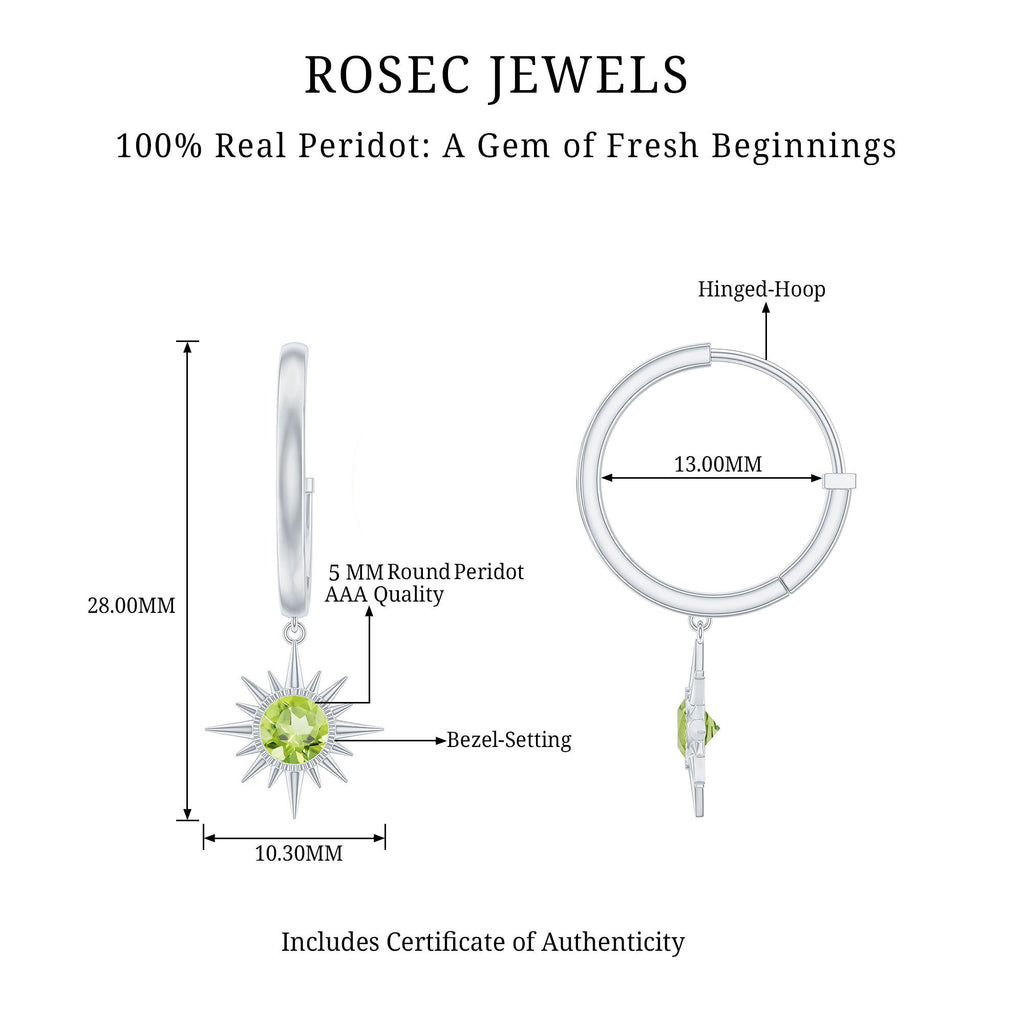 Round Shape 1 Carat Peridot Sunburst Hoop Drop Earrings For Women