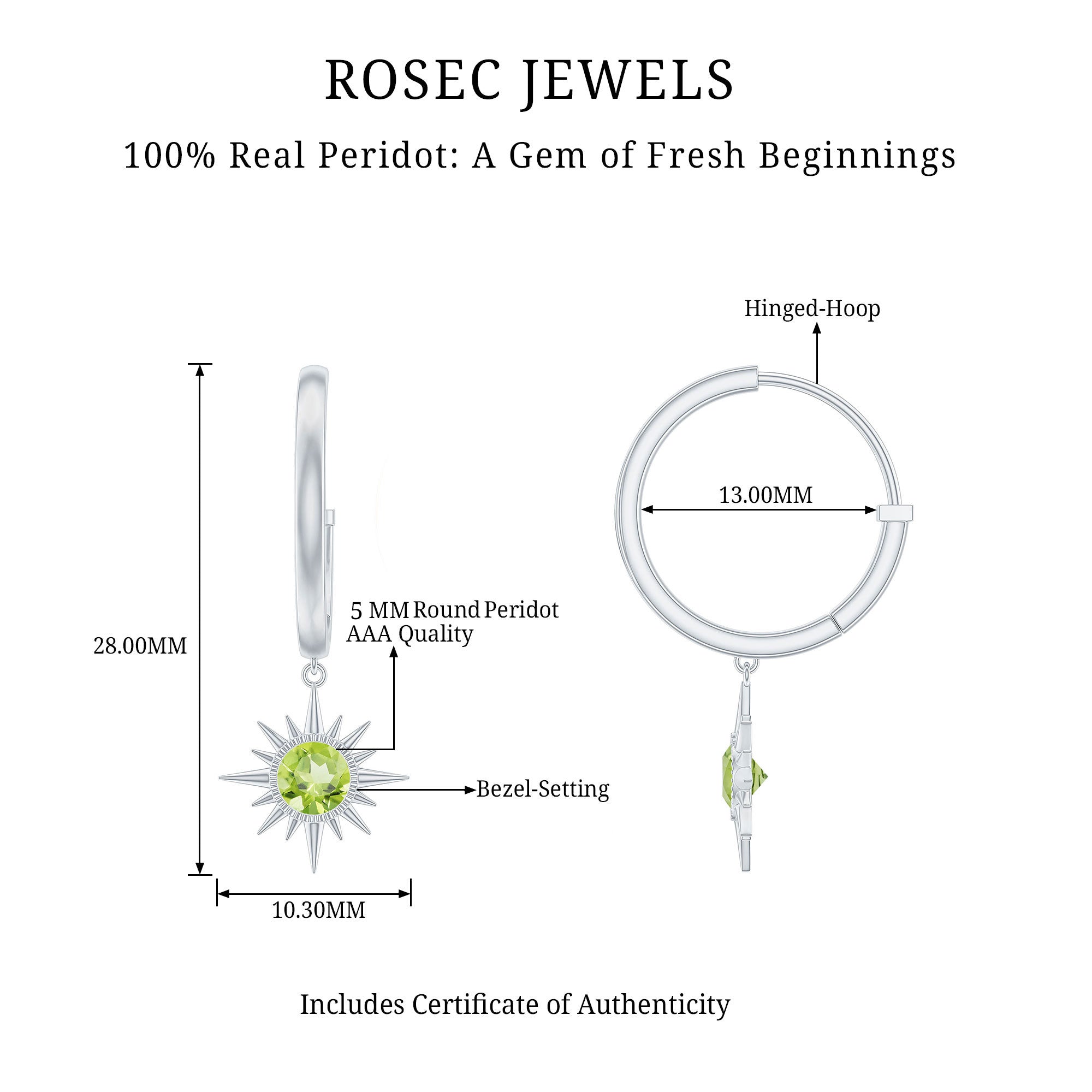 Round Shape 1 Carat Peridot Sunburst Hoop Drop Earrings For Women