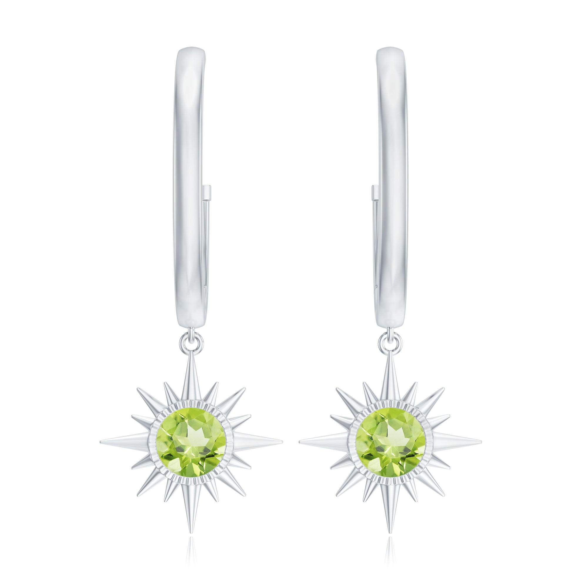 Round Shape 1 Carat Peridot Sunburst Hoop Drop Earrings For Women
