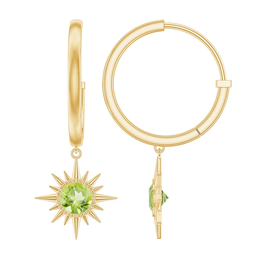 Round Shape 1 Carat Peridot Sunburst Hoop Drop Earrings For Women