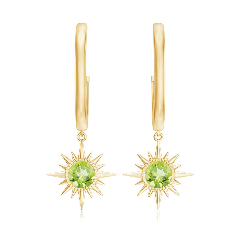 Round Shape 1 Carat Peridot Sunburst Hoop Drop Earrings For Women