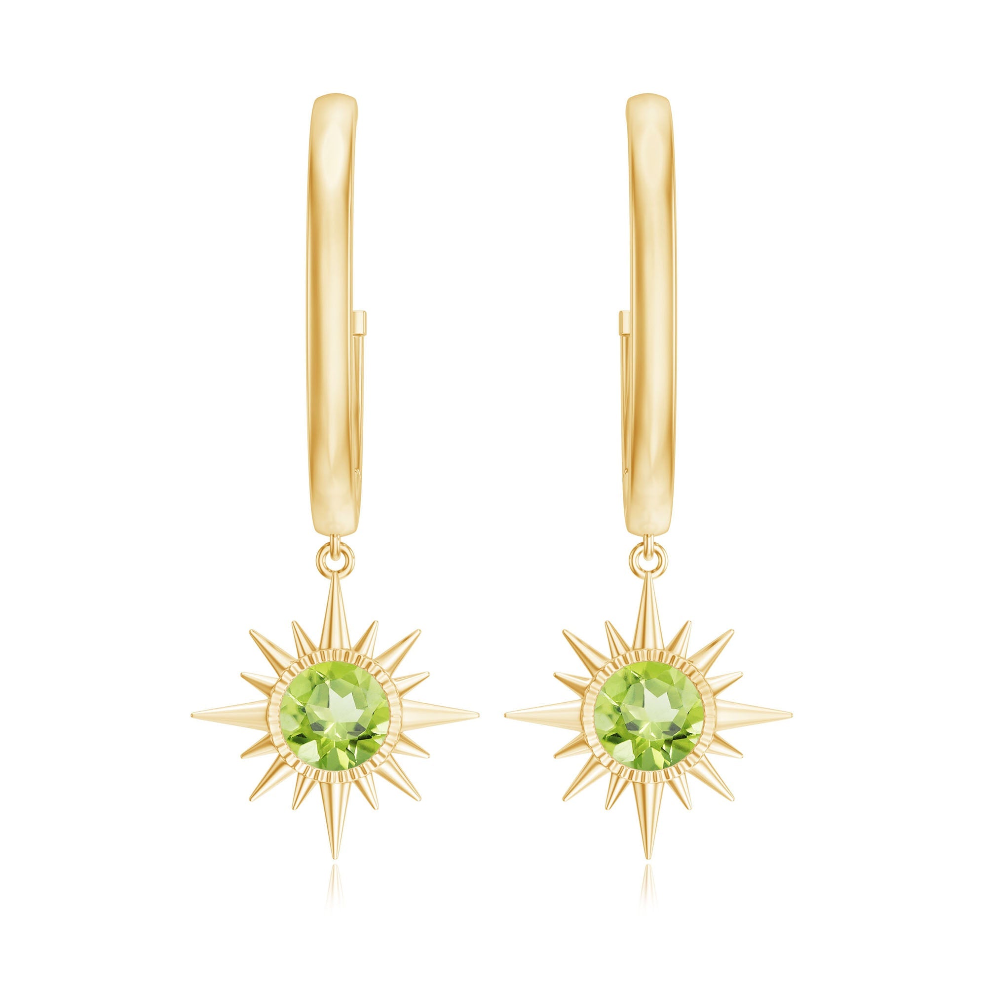 Round Shape 1 Carat Peridot Sunburst Hoop Drop Earrings For Women