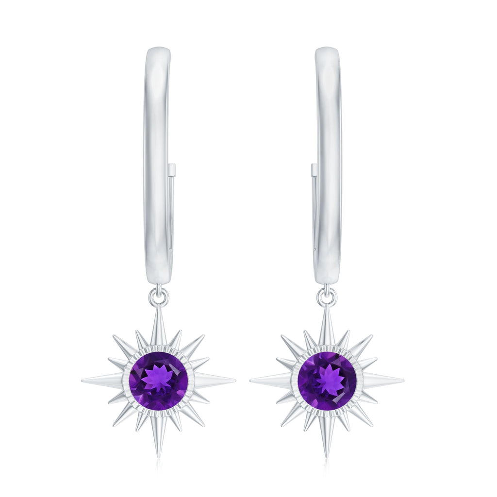 Natural Amethyst Sunburst Hoop Drop Earrings with Certificate
