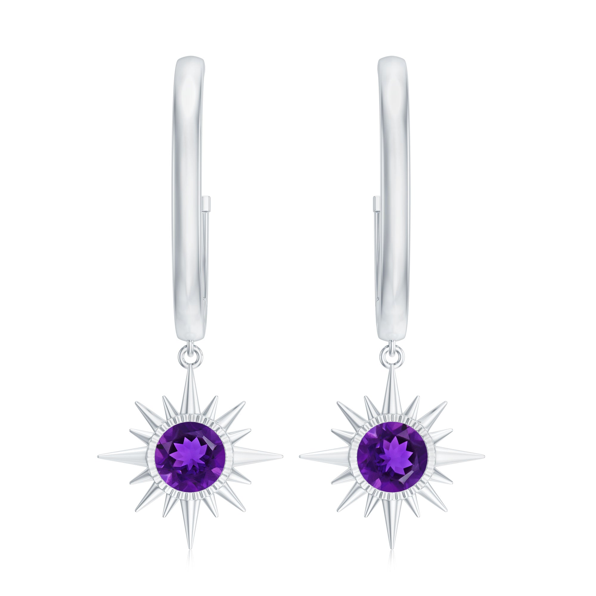 Natural Amethyst Sunburst Hoop Drop Earrings with Certificate