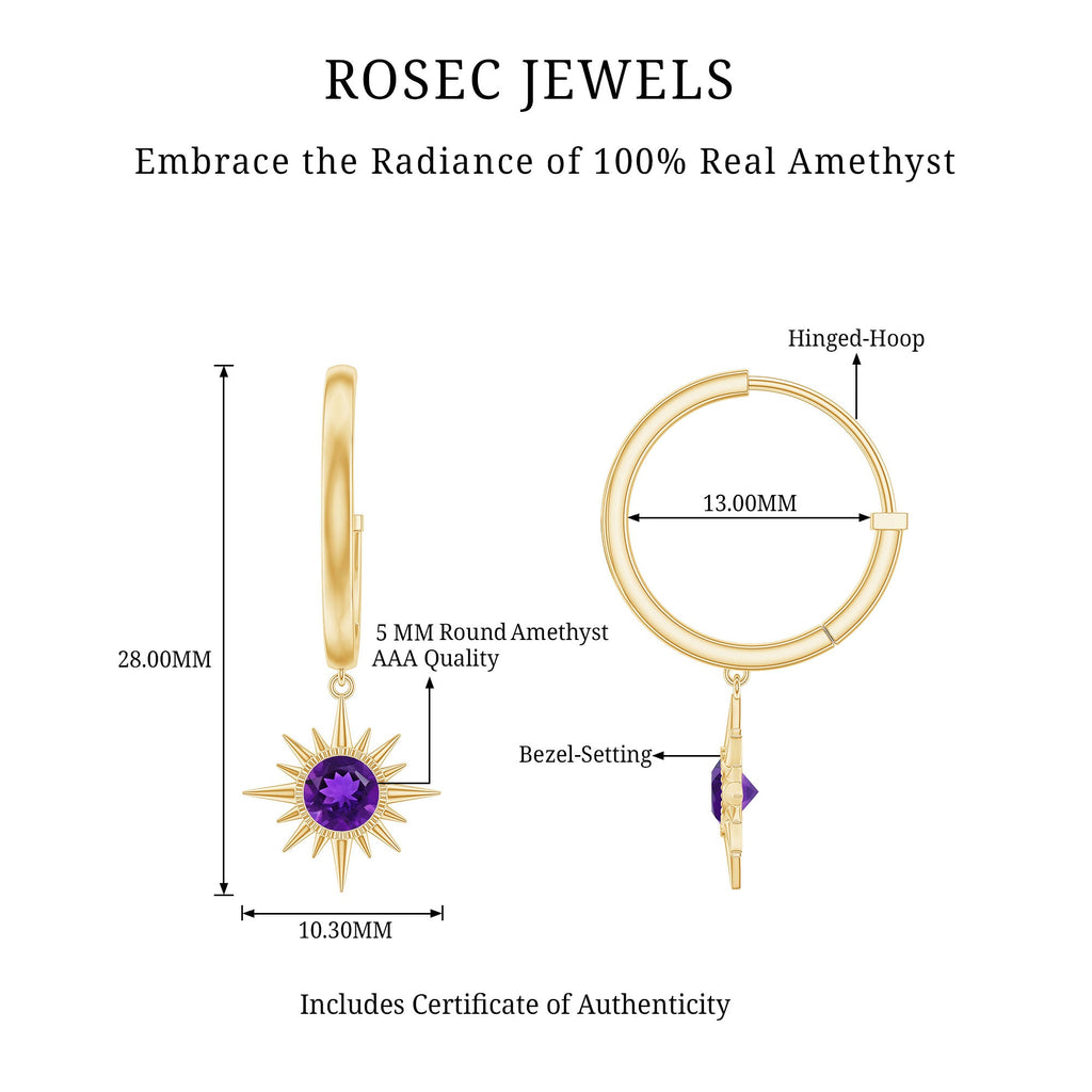 Natural Amethyst Sunburst Hoop Drop Earrings with Certificate