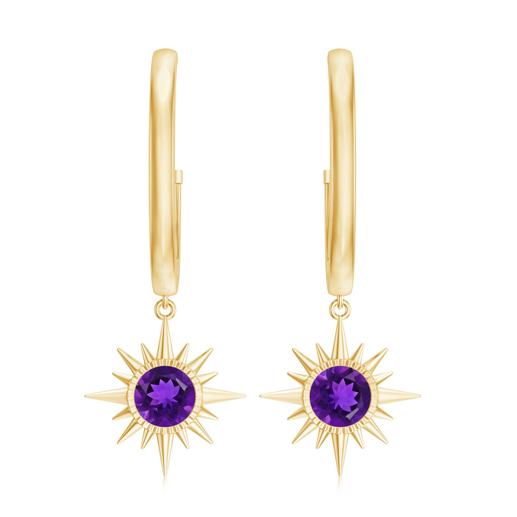 Natural Amethyst Sunburst Hoop Drop Earrings with Certificate