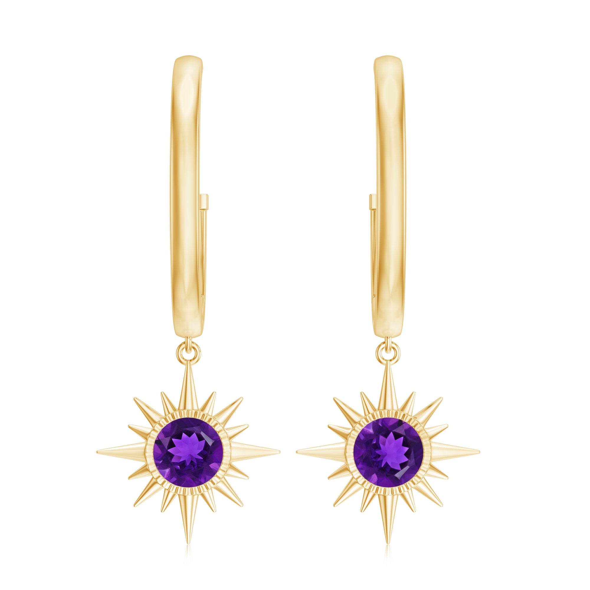 Natural Amethyst Sunburst Hoop Drop Earrings with Certificate
