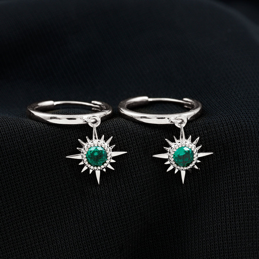 0.5 Carat Round Cut Lab Created Emerald Sunburst Hoop Earrings