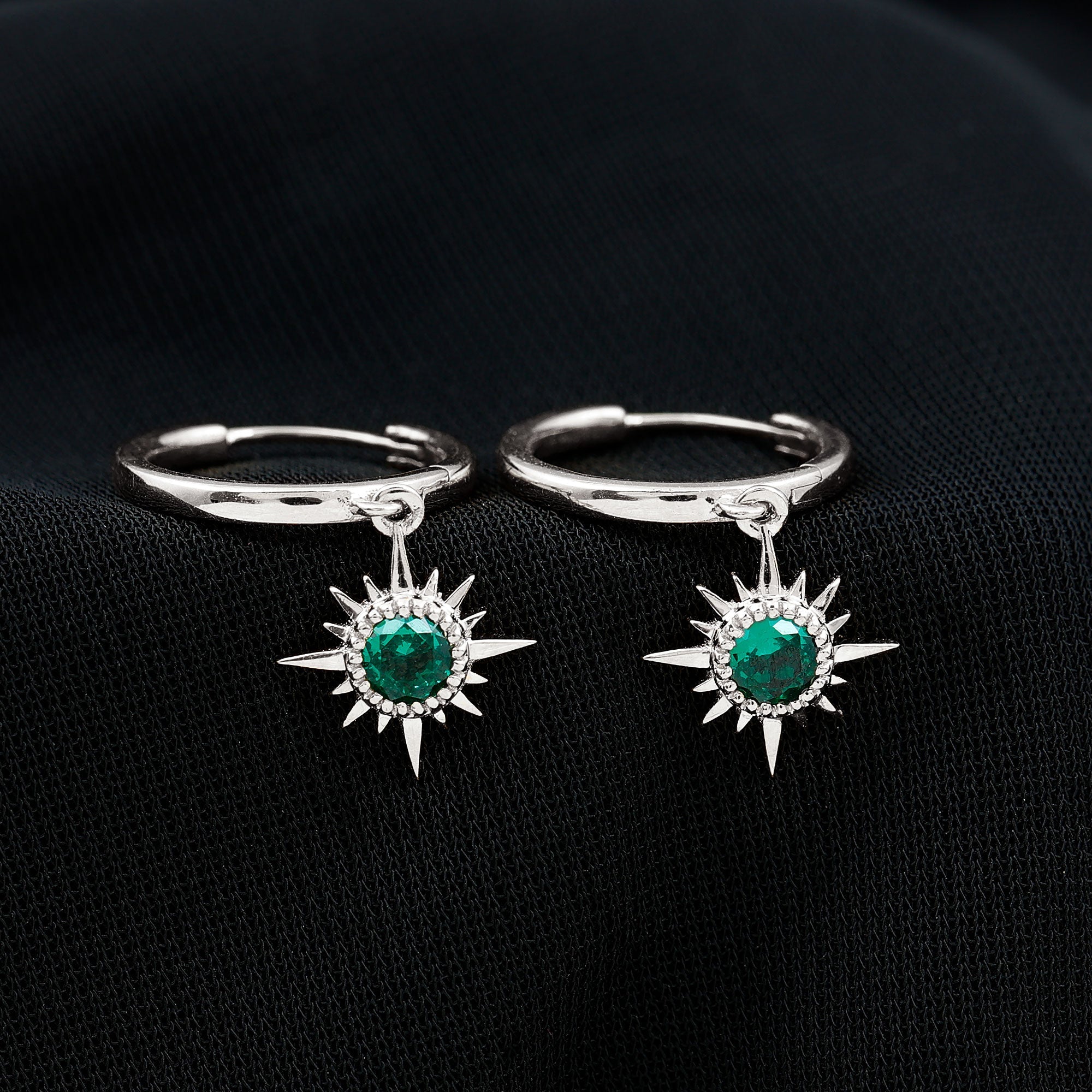 0.5 Carat Round Cut Lab Created Emerald Sunburst Hoop Earrings