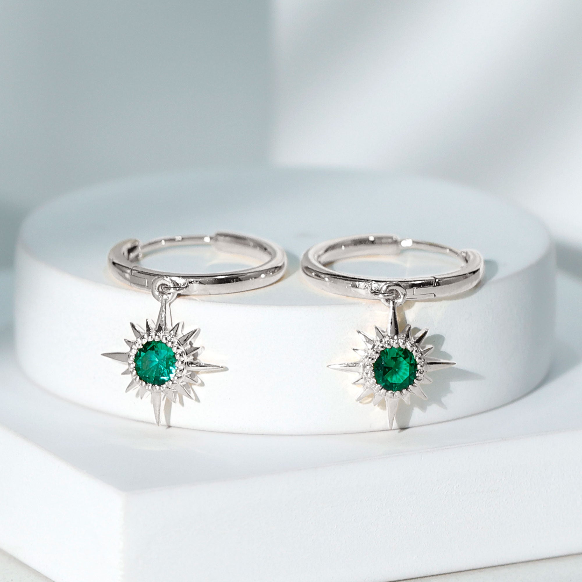 0.5 Carat Round Cut Lab Created Emerald Sunburst Hoop Earrings