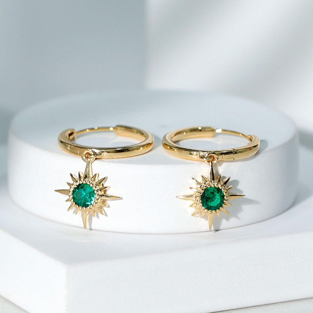 0.5 Carat Round Cut Lab Created Emerald Sunburst Hoop Earrings