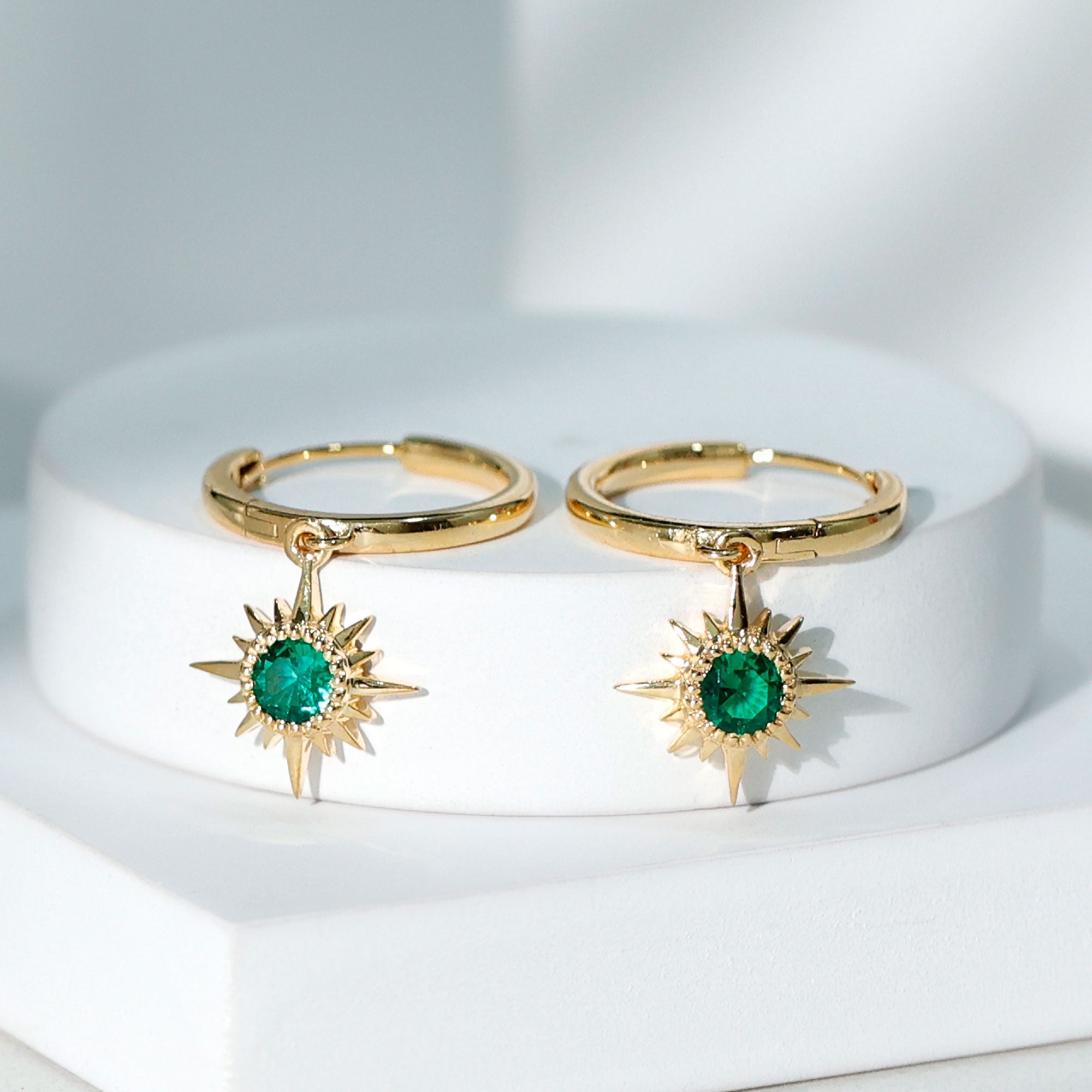0.5 Carat Round Cut Lab Created Emerald Sunburst Hoop Earrings