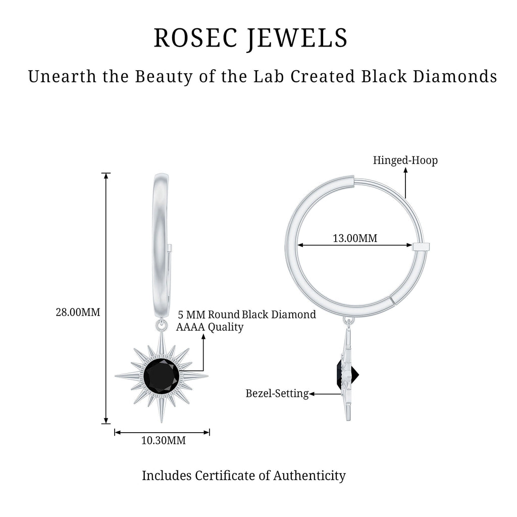 Lab Created Black Diamond Sunburst Hoop Earrings in Bezel Setting
