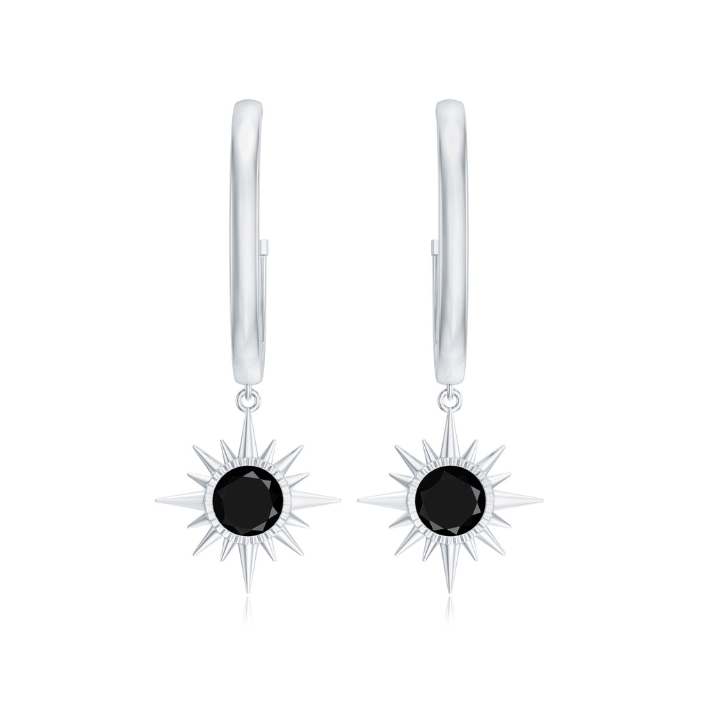 Lab Created Black Diamond Sunburst Hoop Earrings in Bezel Setting