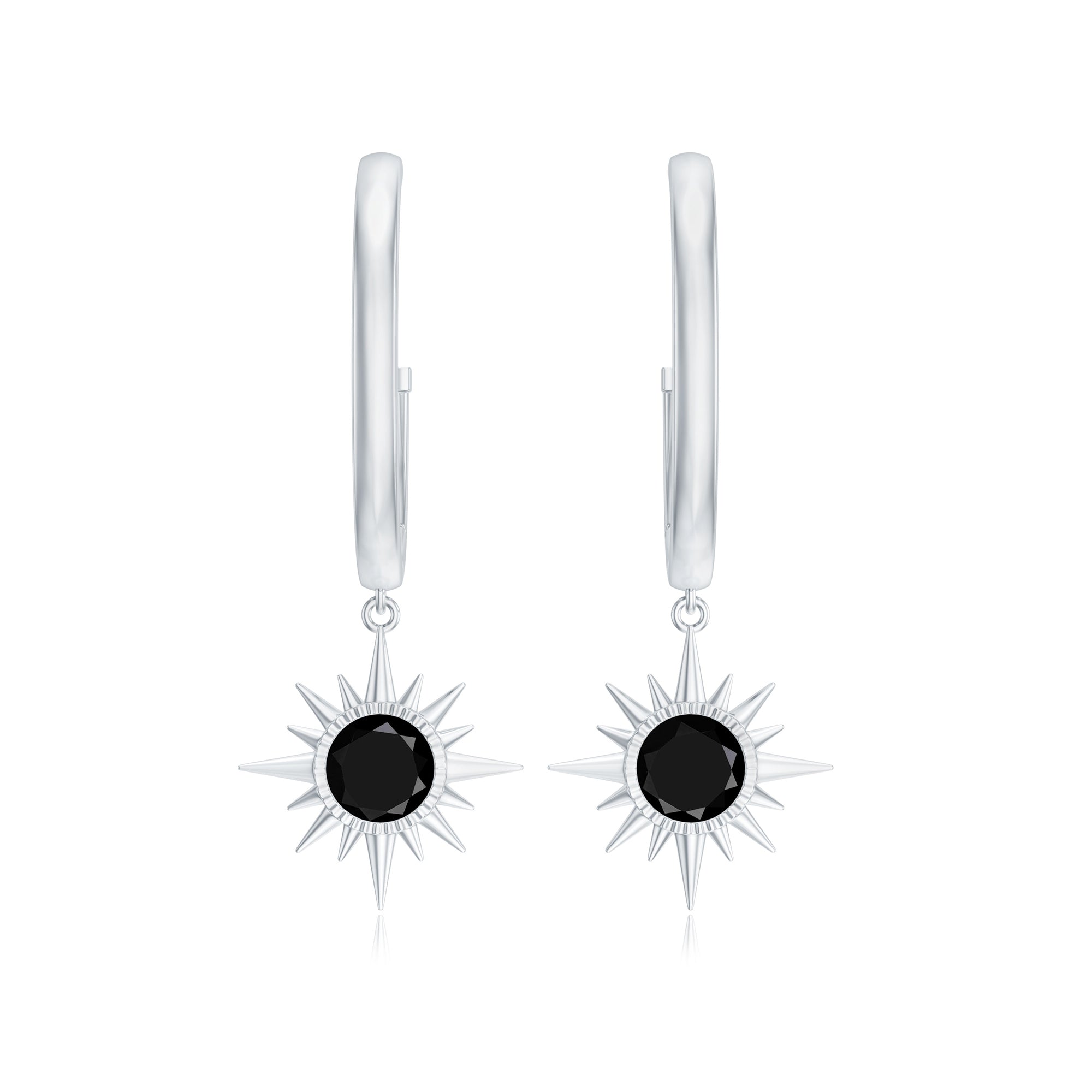 Lab Created Black Diamond Sunburst Hoop Earrings in Bezel Setting