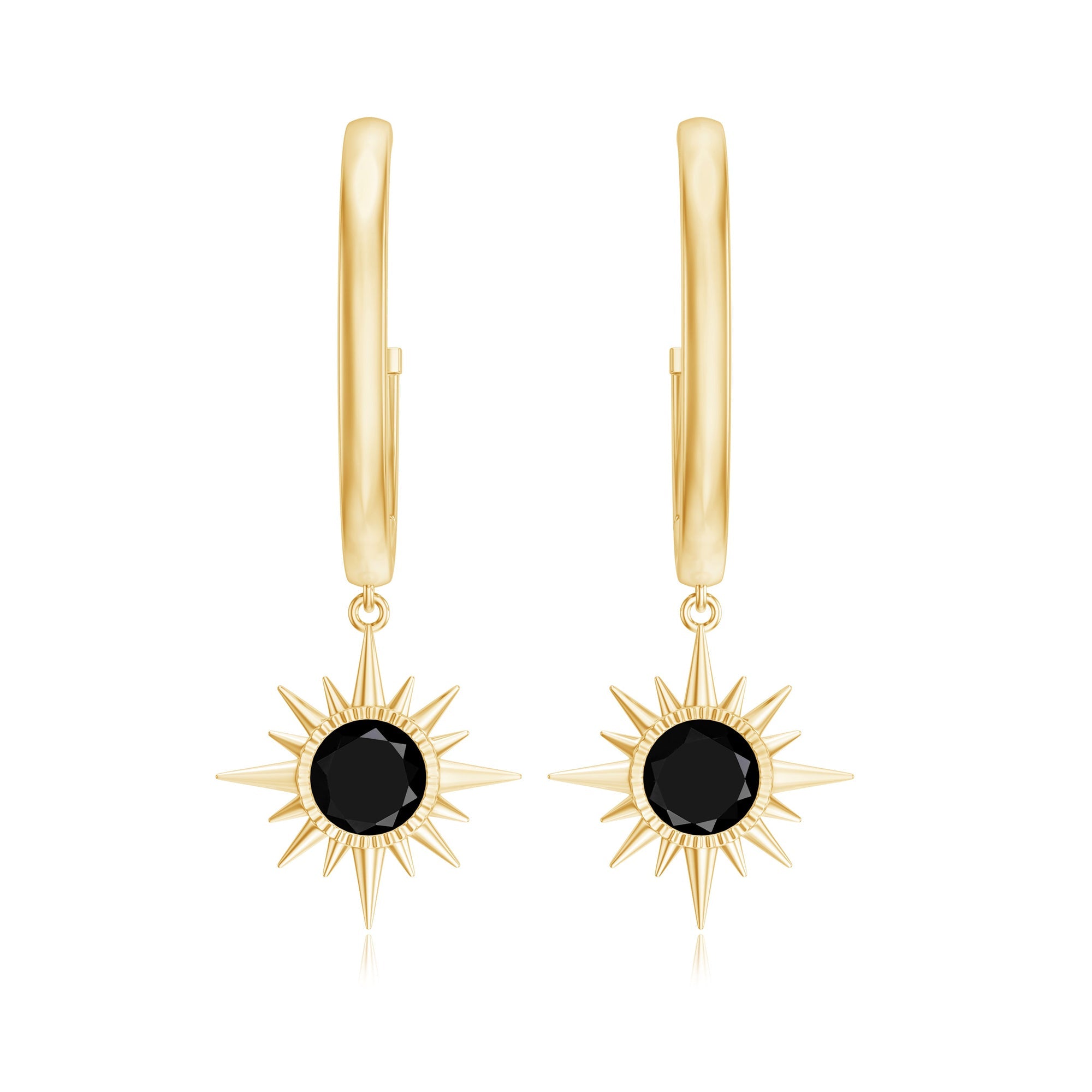Natural Black Onyx Sunburst Hoop Drop Earrings