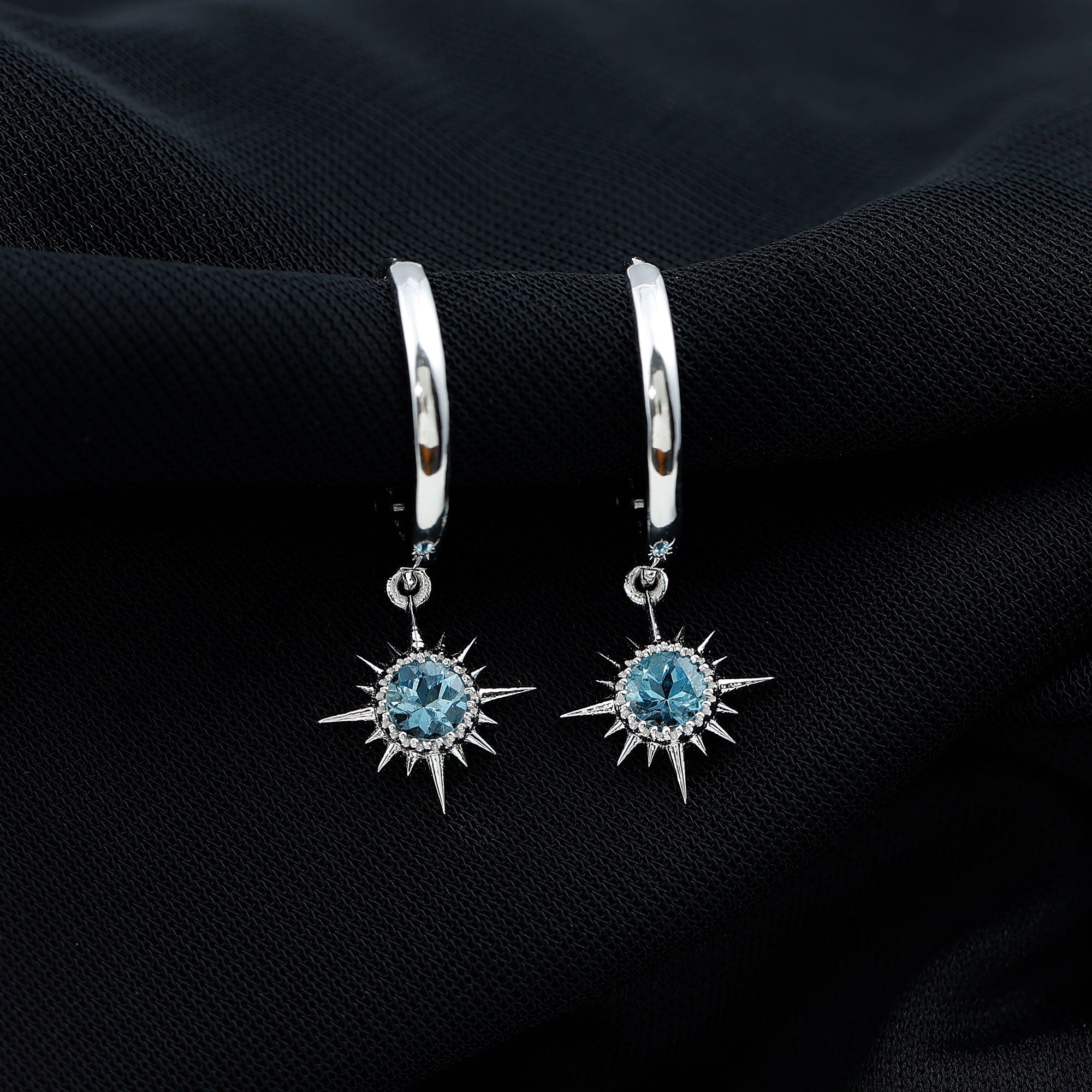 0.5 Carat Aquamarine Sunburst Hoop Earrings For Women