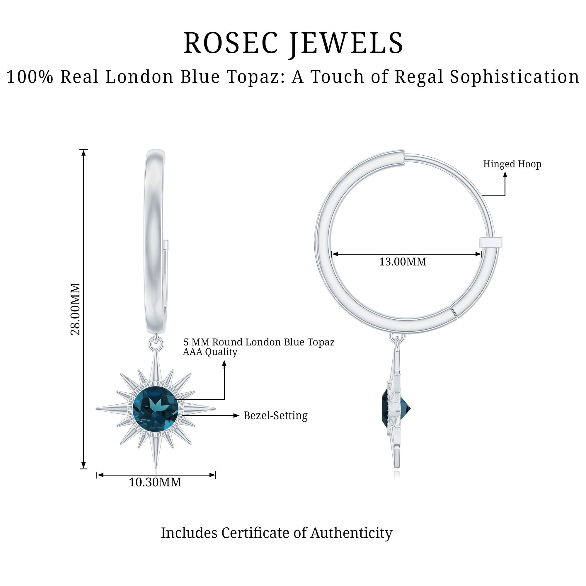 Real London Blue Topaz Sunburst Hoop Drop Earrings for Women