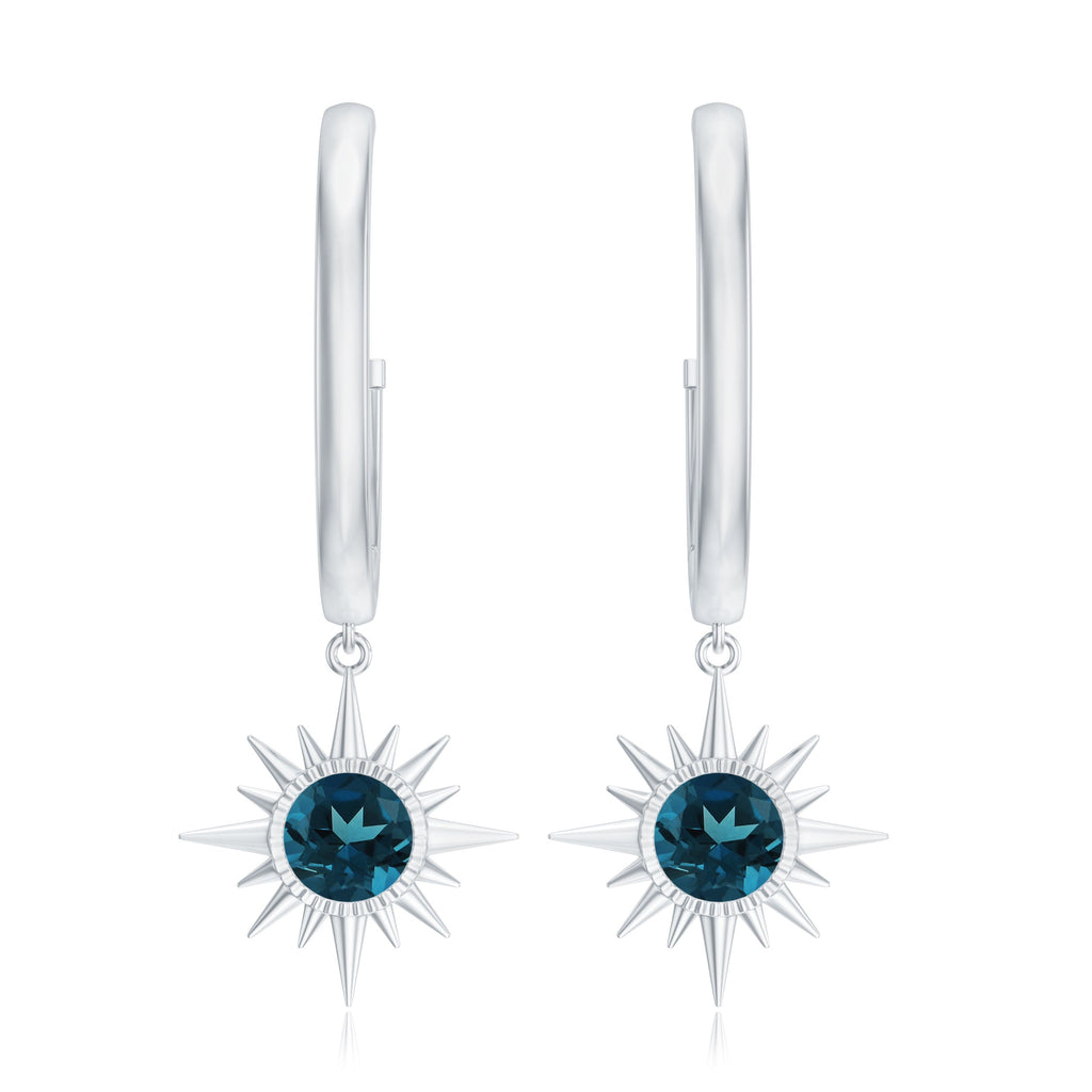 Real London Blue Topaz Sunburst Hoop Drop Earrings for Women
