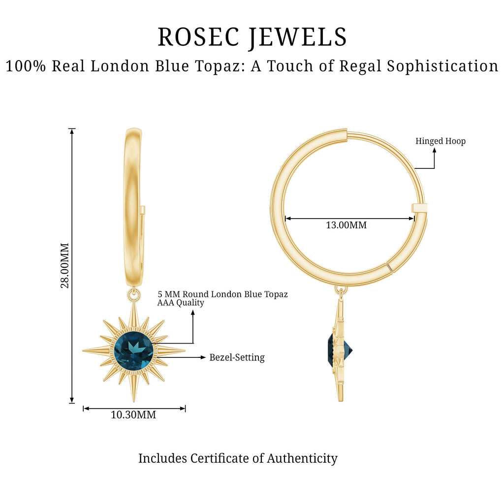 Real London Blue Topaz Sunburst Hoop Drop Earrings for Women
