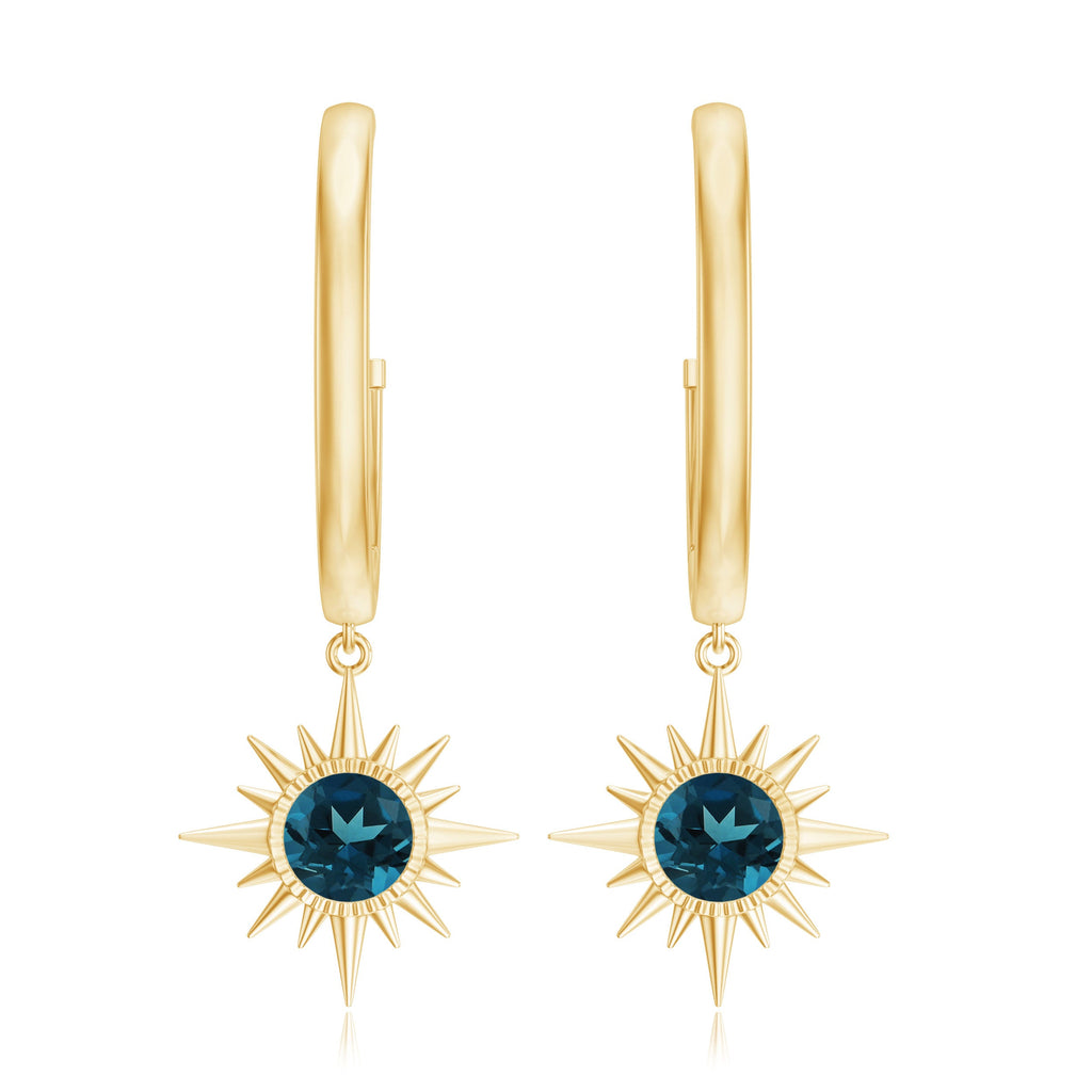 Real London Blue Topaz Sunburst Hoop Drop Earrings for Women