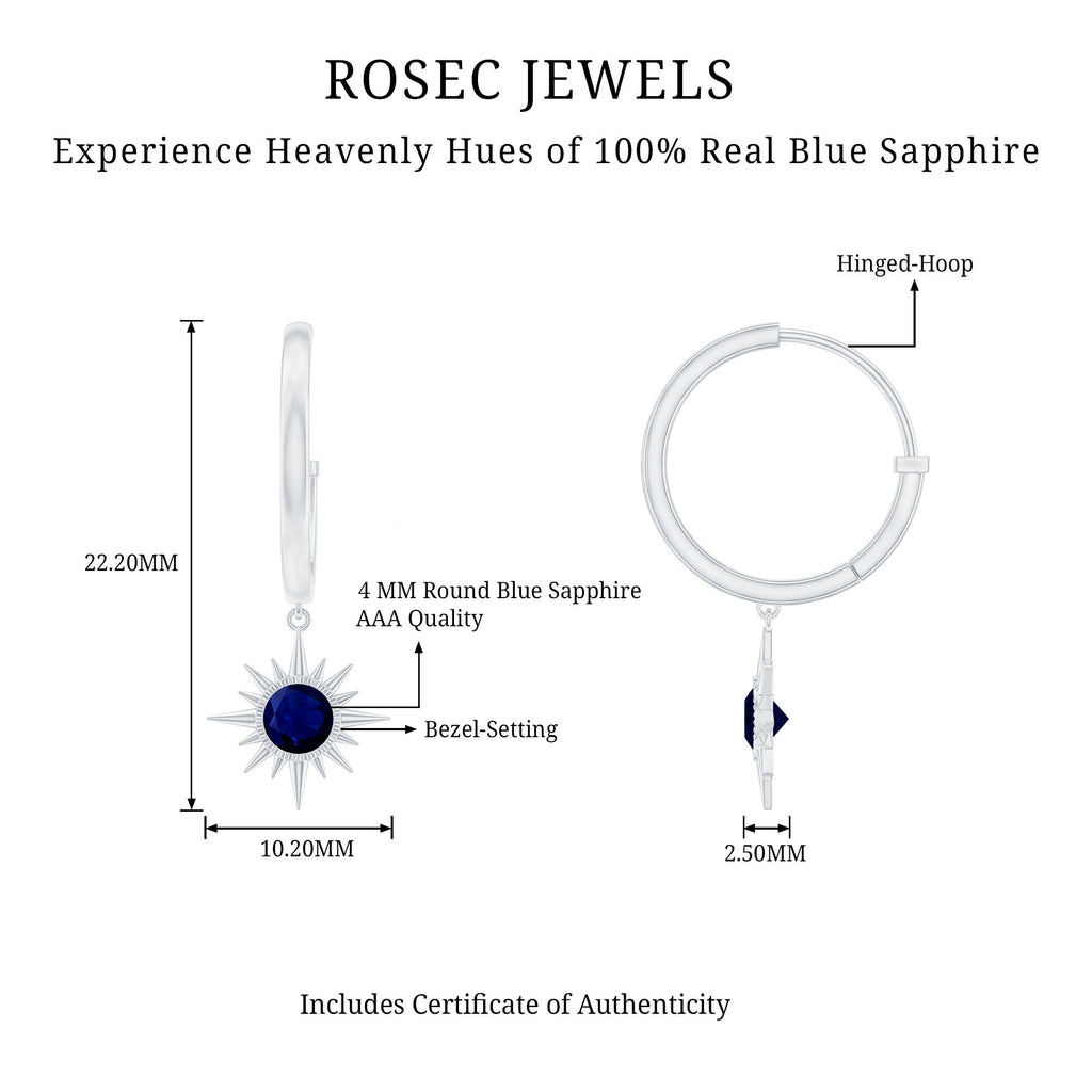 Bezel Set Blue Sapphire Sunburst Drop Hoop Earrings