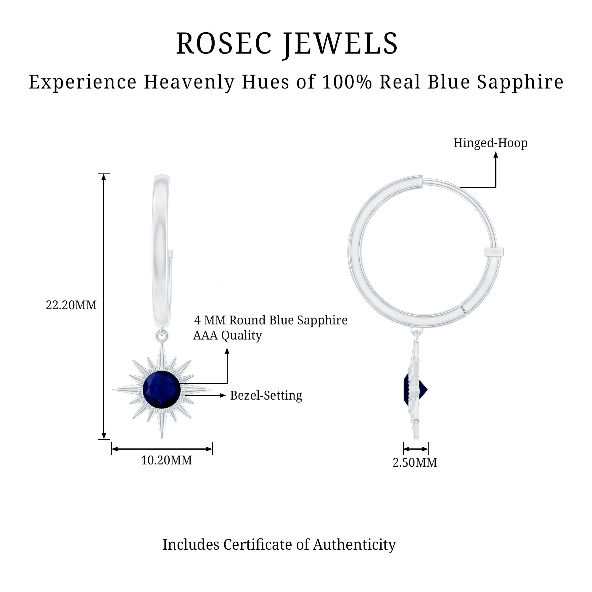 Bezel Set Blue Sapphire Sunburst Drop Hoop Earrings