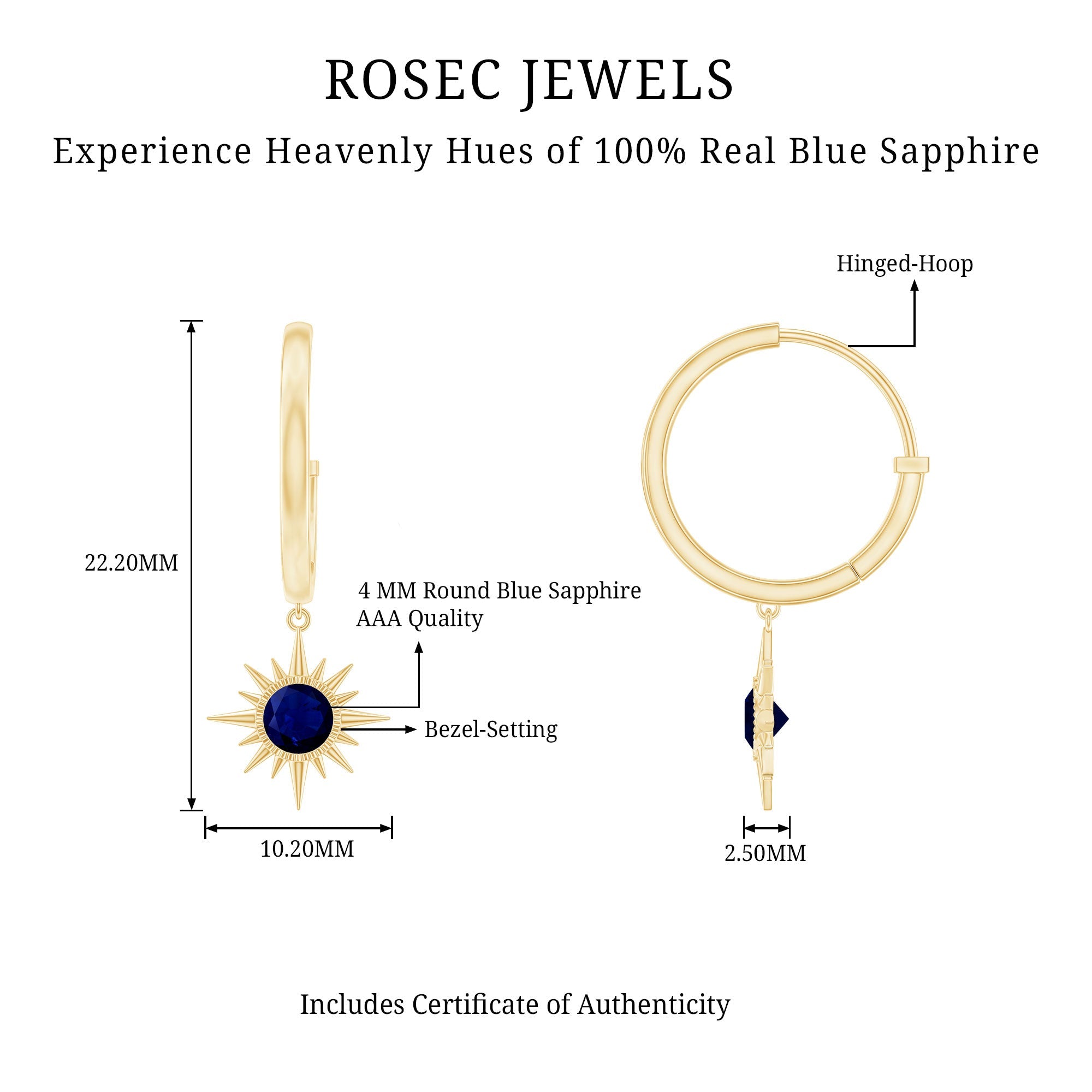 Bezel Set Blue Sapphire Sunburst Drop Hoop Earrings